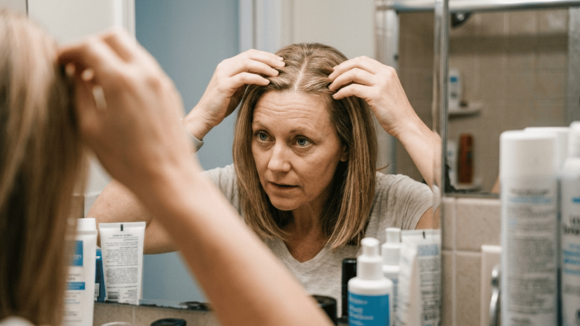 woman parting her hair to check thinning at the crown