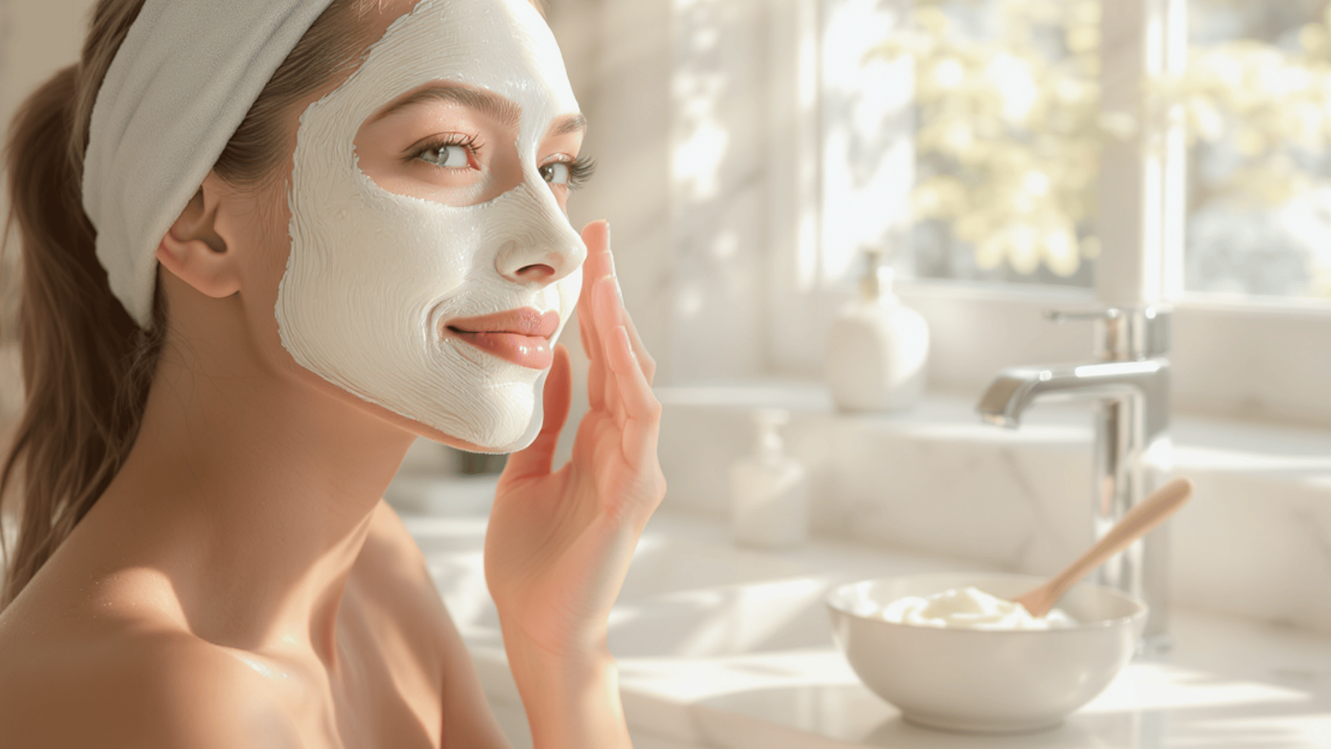 woman with a white face mask on and a white headband smiles as they apply the mask with their fingers
