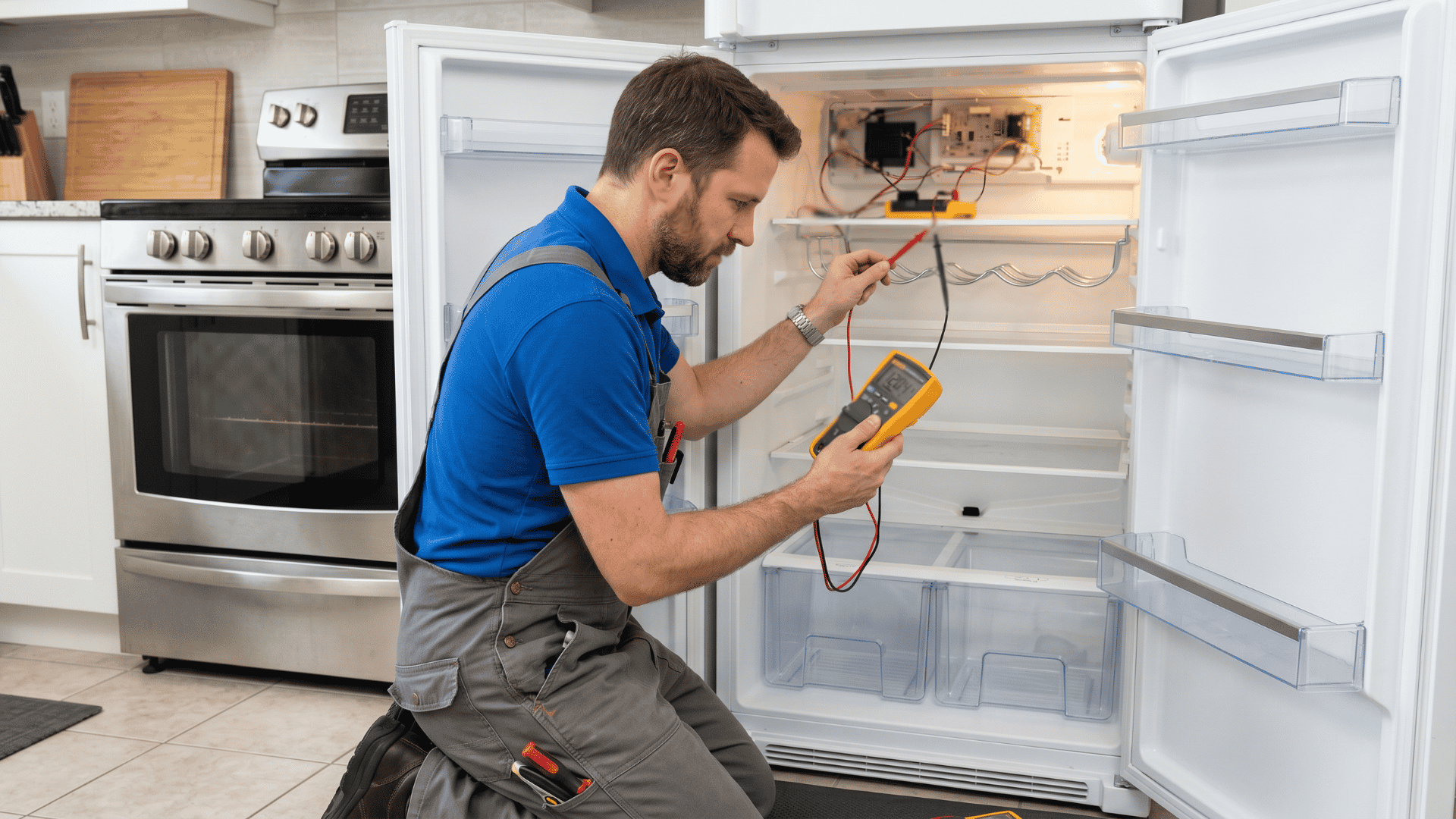 a technician repairs an open refrigerator with a multimeter in a kitchen