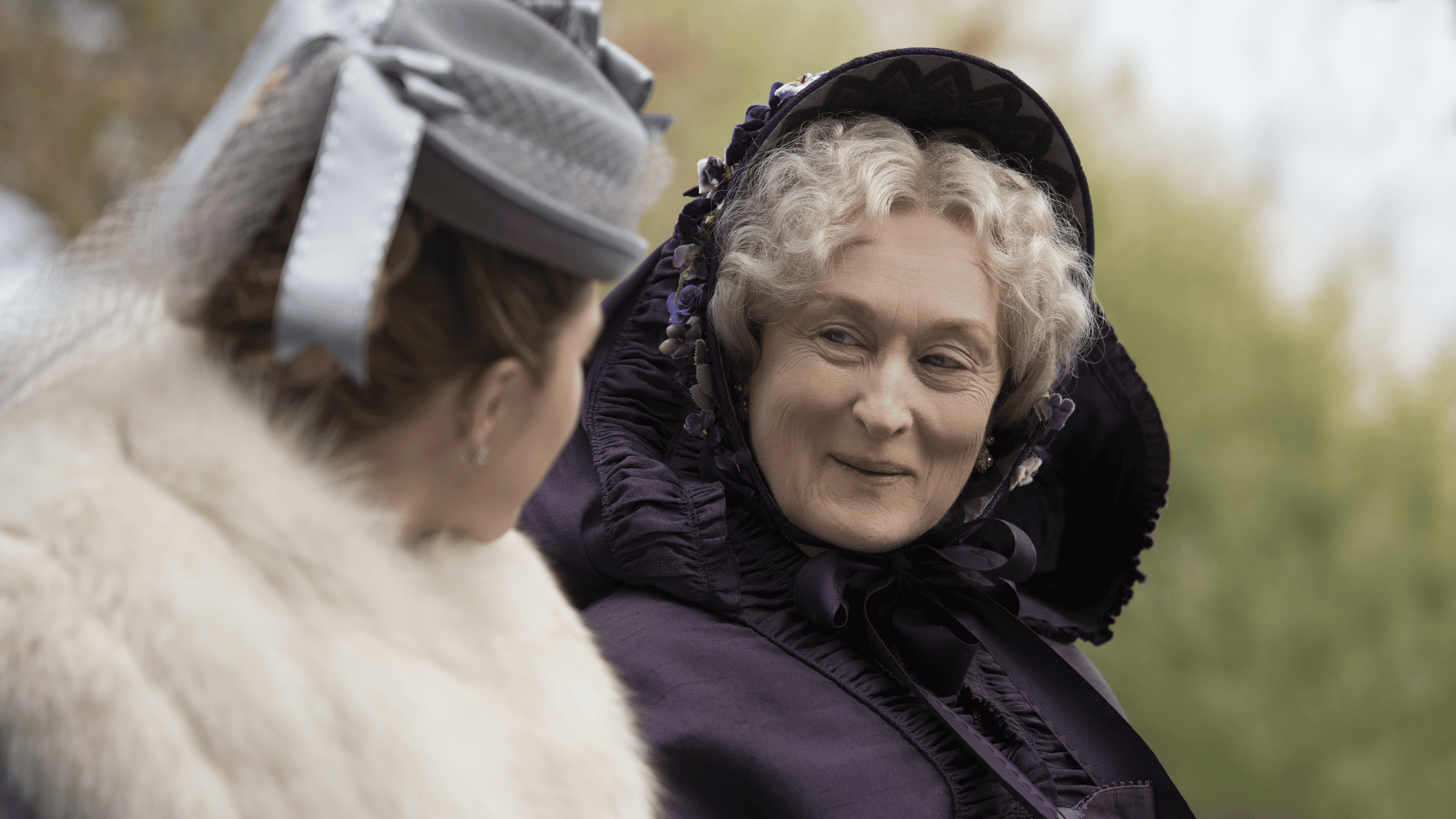 Meryl Streep as Aunt March smiling at Florence Pugh in Little Women