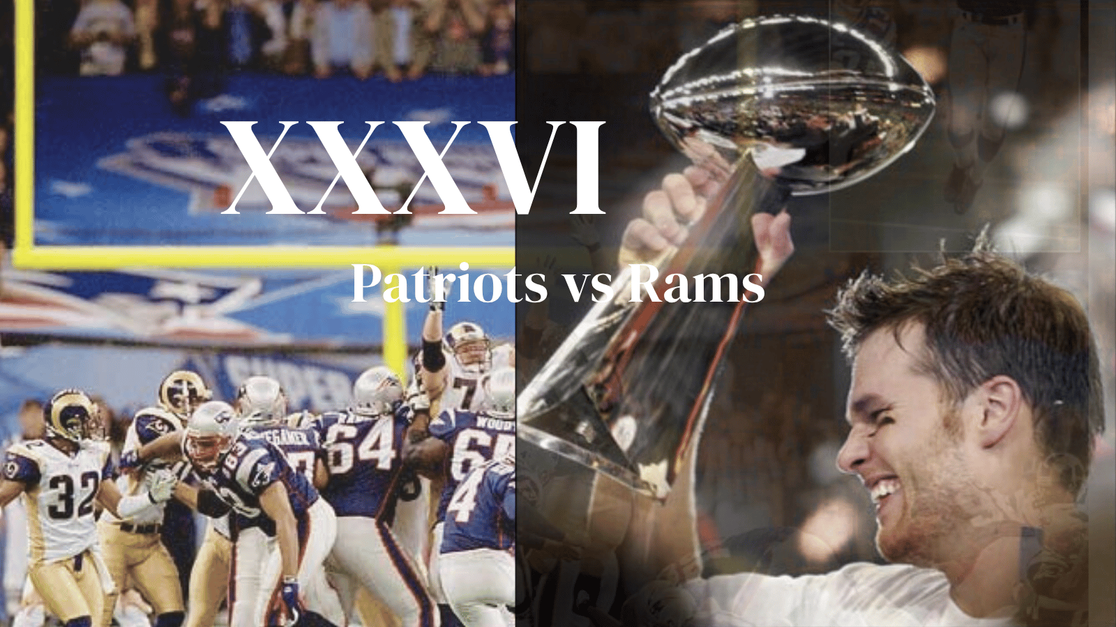 Tom Brady lifts the trophy after the Patriots defeated the Rams in Super Bowl XXXVI.