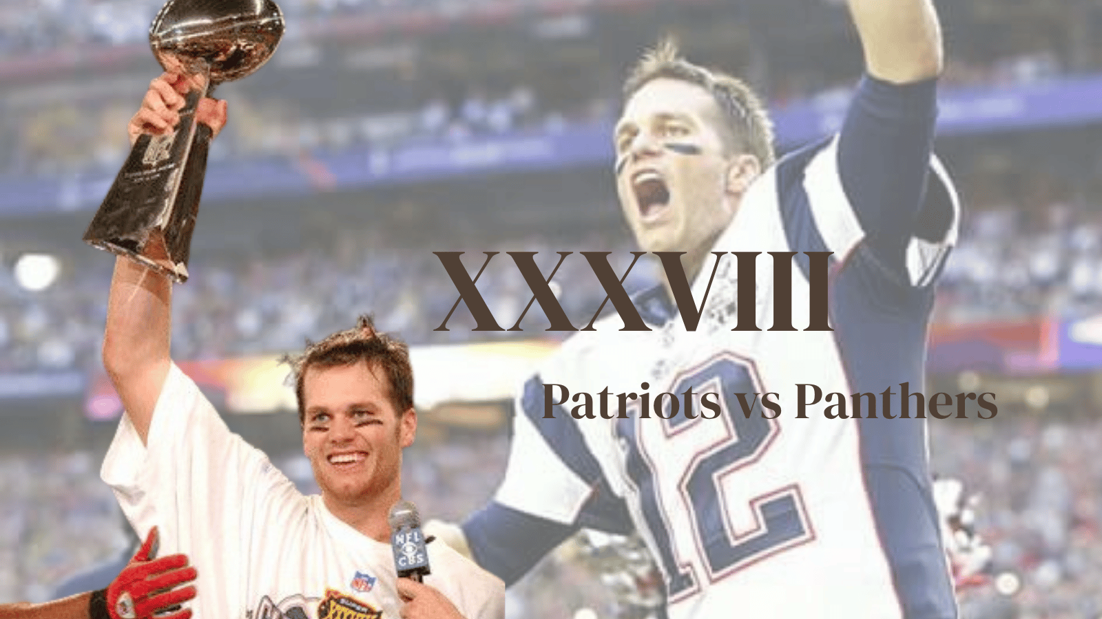 Tom Brady celebrates Patriots win over the Panthers in Super Bowl XXXVIII while holding the trophy.