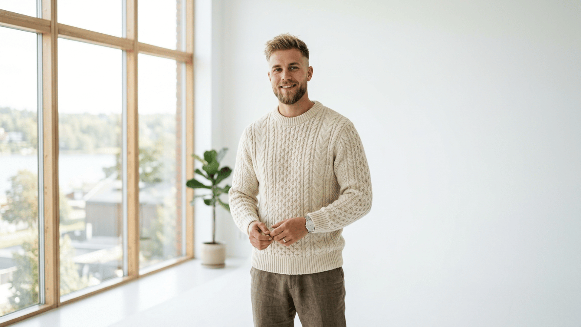 young man in a cream knit sweater standing near large windows in a bright room with a potted plant behind him