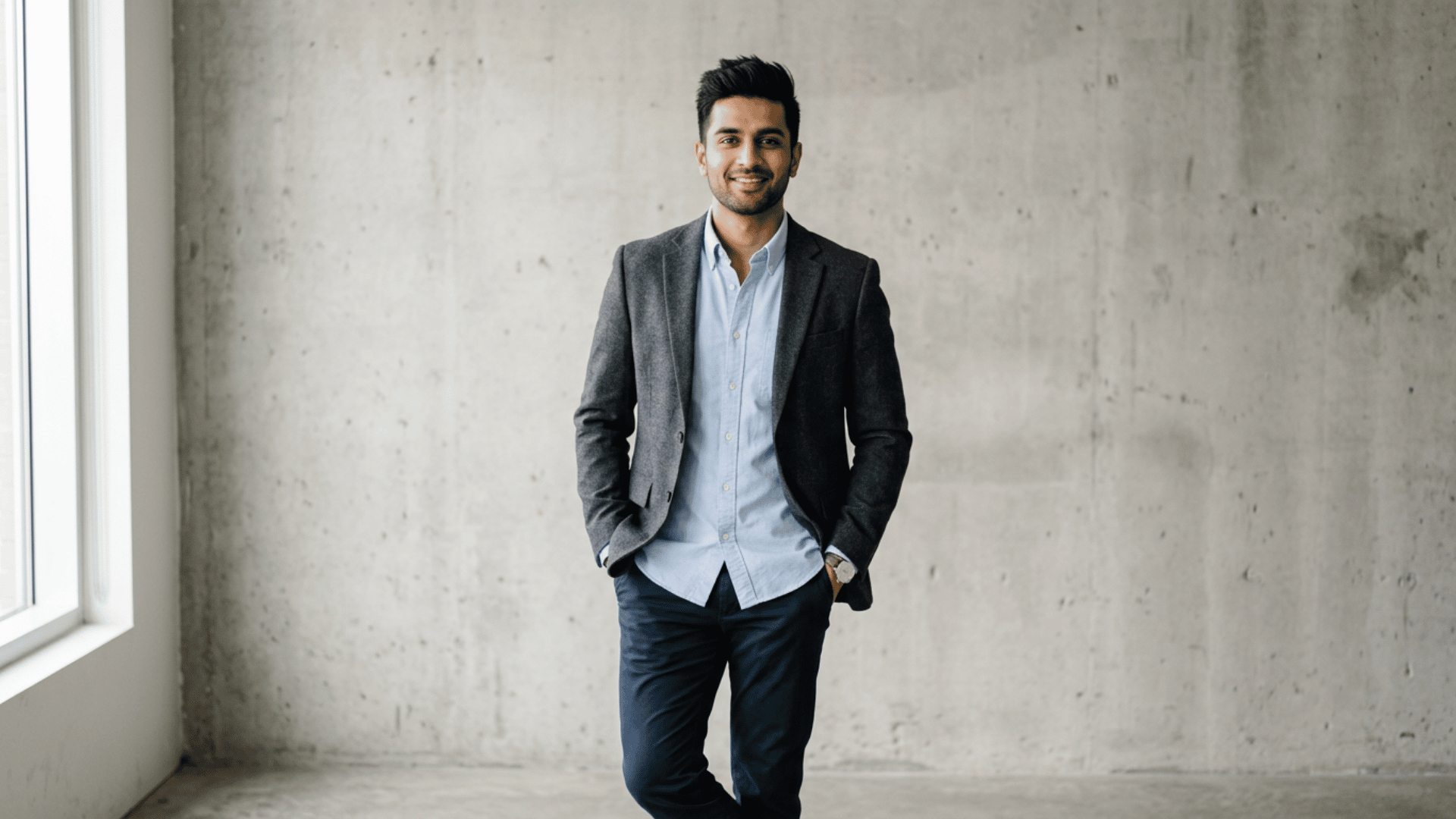 young man wearing a blazer and blue shirt standing with hands in pockets beside a concrete wall indoors