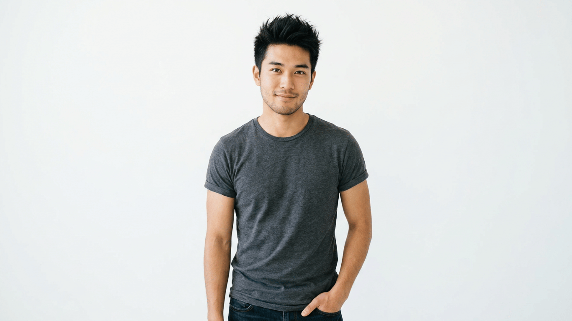 young man wearing a gray t shirt standing with one hand in his pocket against a plain light background