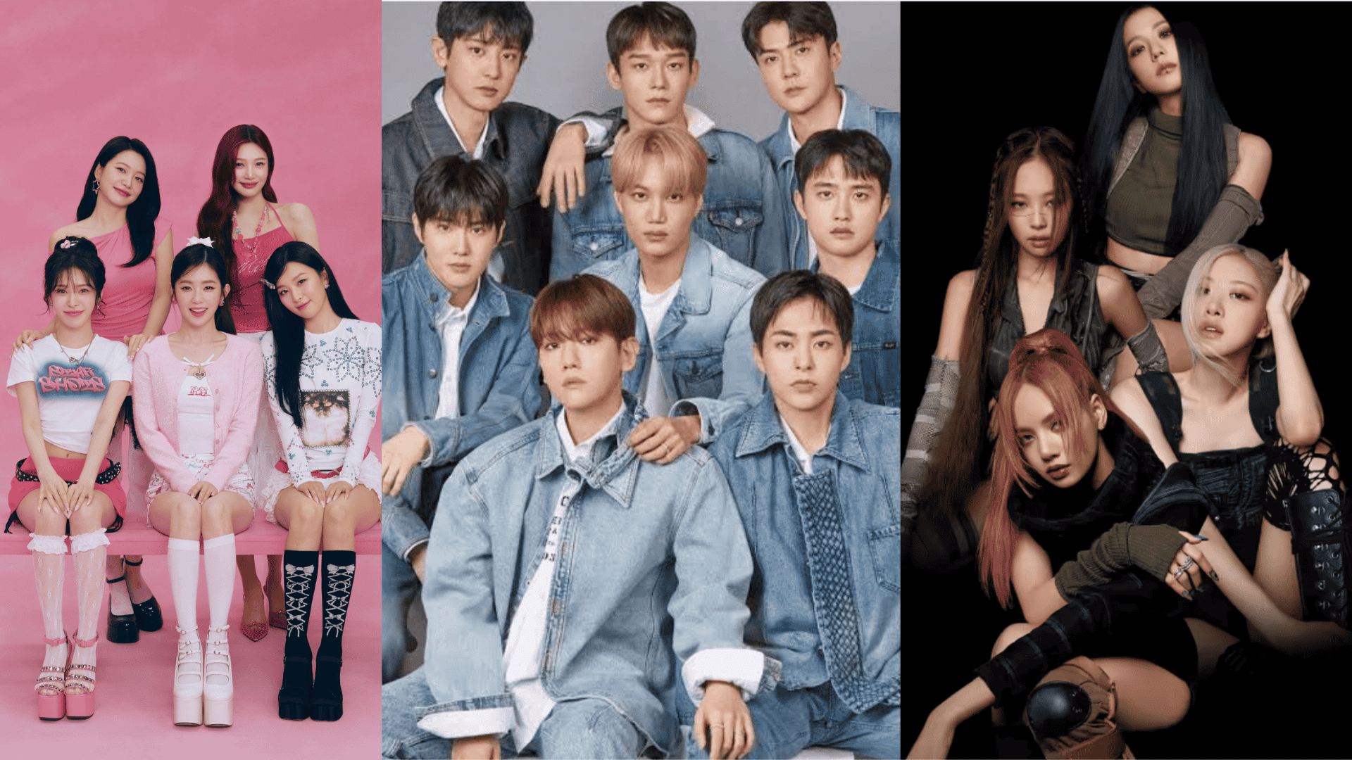 Third-gen K-pop collage with global idol groups in sleek denim, dark, and soft studio looks