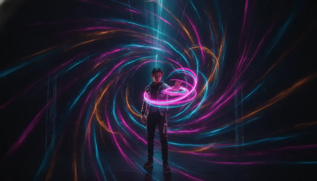 Person in a dark environment manipulating vibrant neon light swirls with hand gestures
