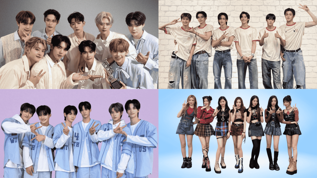 Four 5th-generation K-pop groups in a collage with two boy groups and one girl group in matching styled outfits