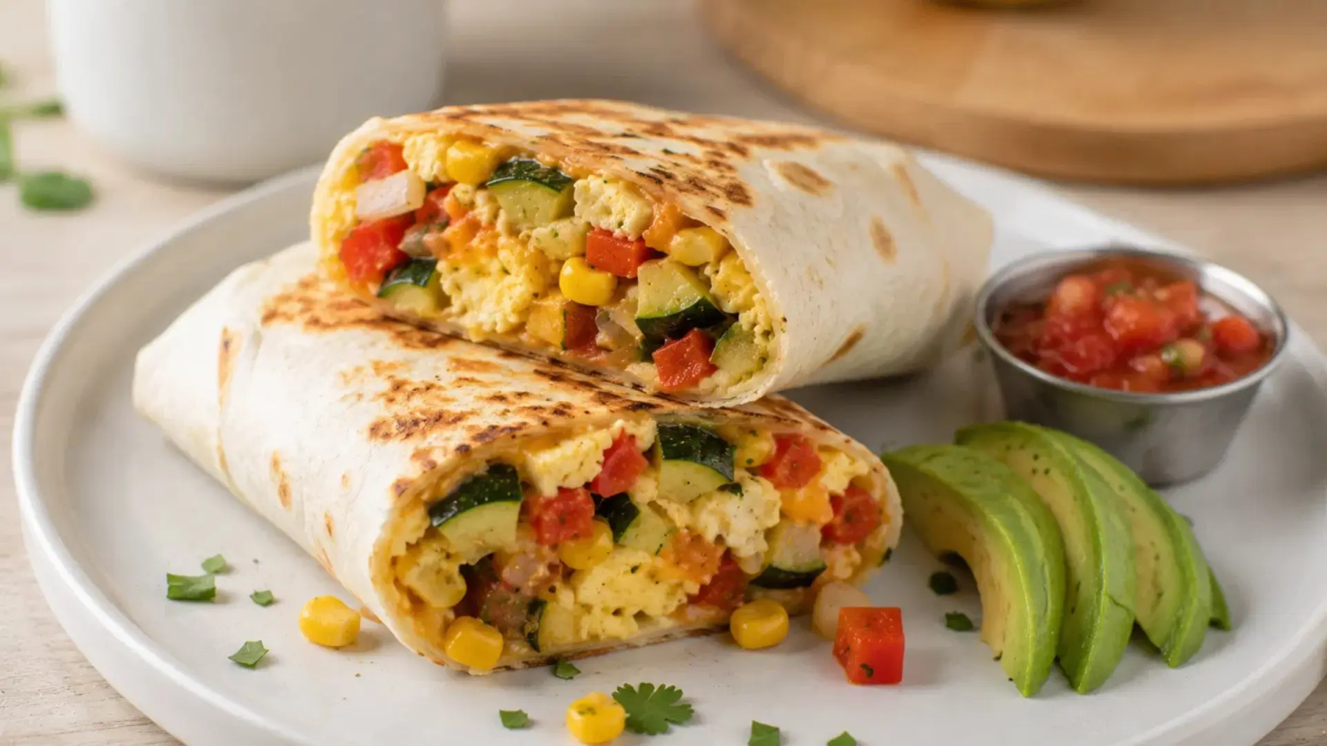 breakfast burrito with summer veggies recipe using scrambled eggs corn and zucchini for a hearty morning meal