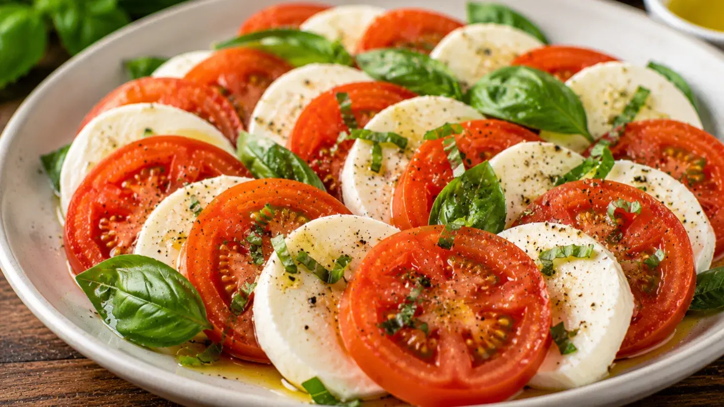 classic tomato and mozzarella salad recipe made with fresh summer veggies and basil for a light side
