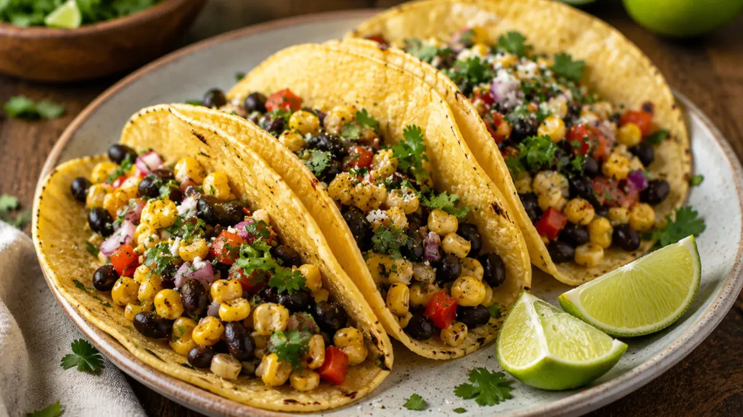 corn and black bean tacos recipe made with summer veggies for a quick meatless dinner idea