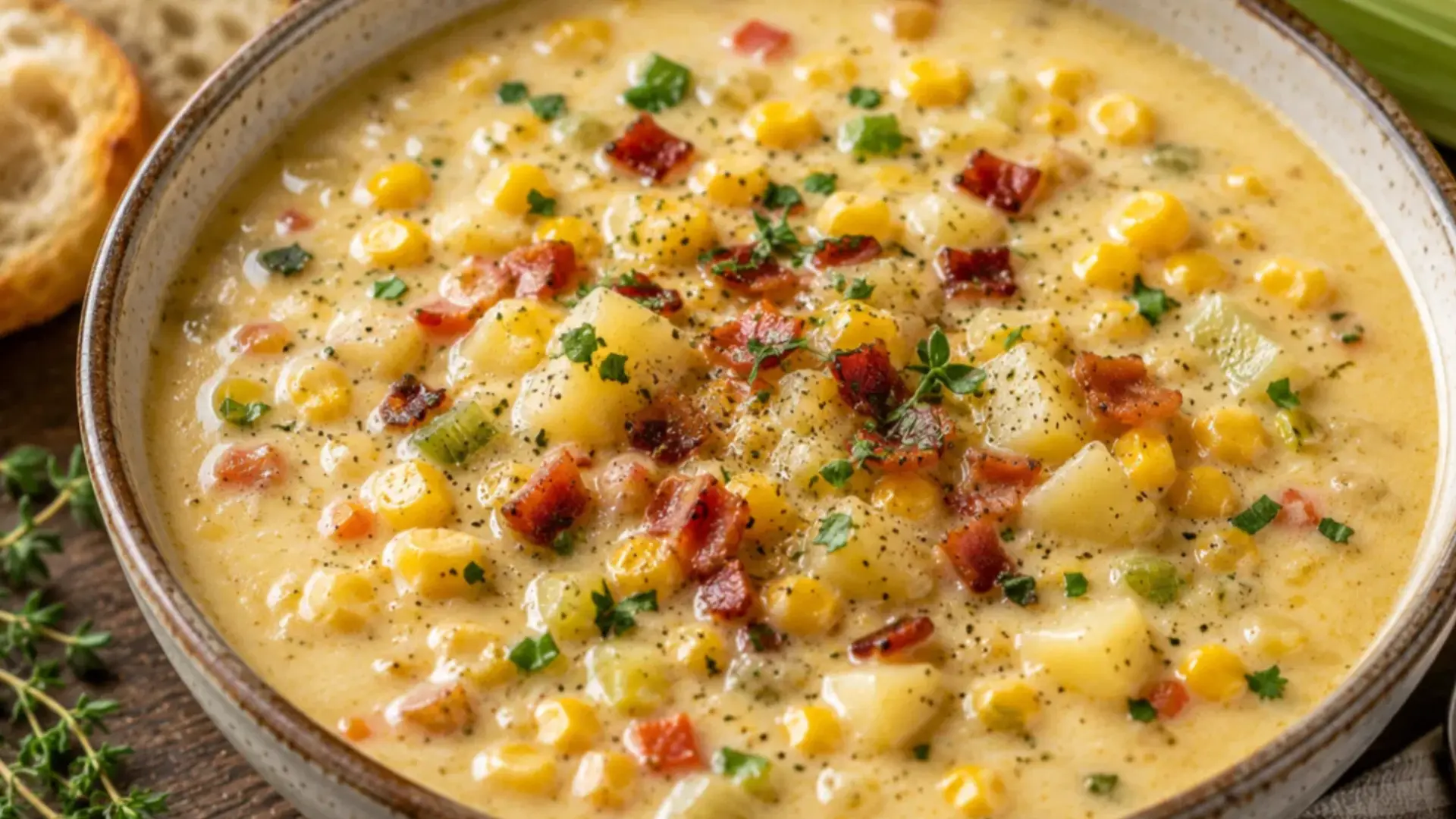 creamy corn chowder recipe made with summer veggies like sweet corn potato and bacon for a cozy meal