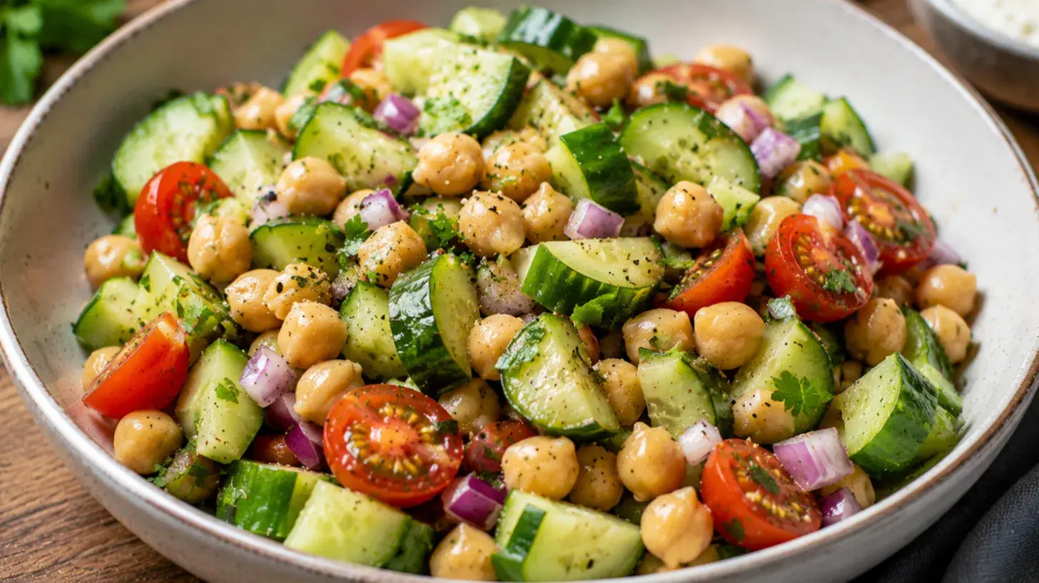 cucumber chickpea salad recipe made with fresh summer veggies for a light and protein packed lunch
