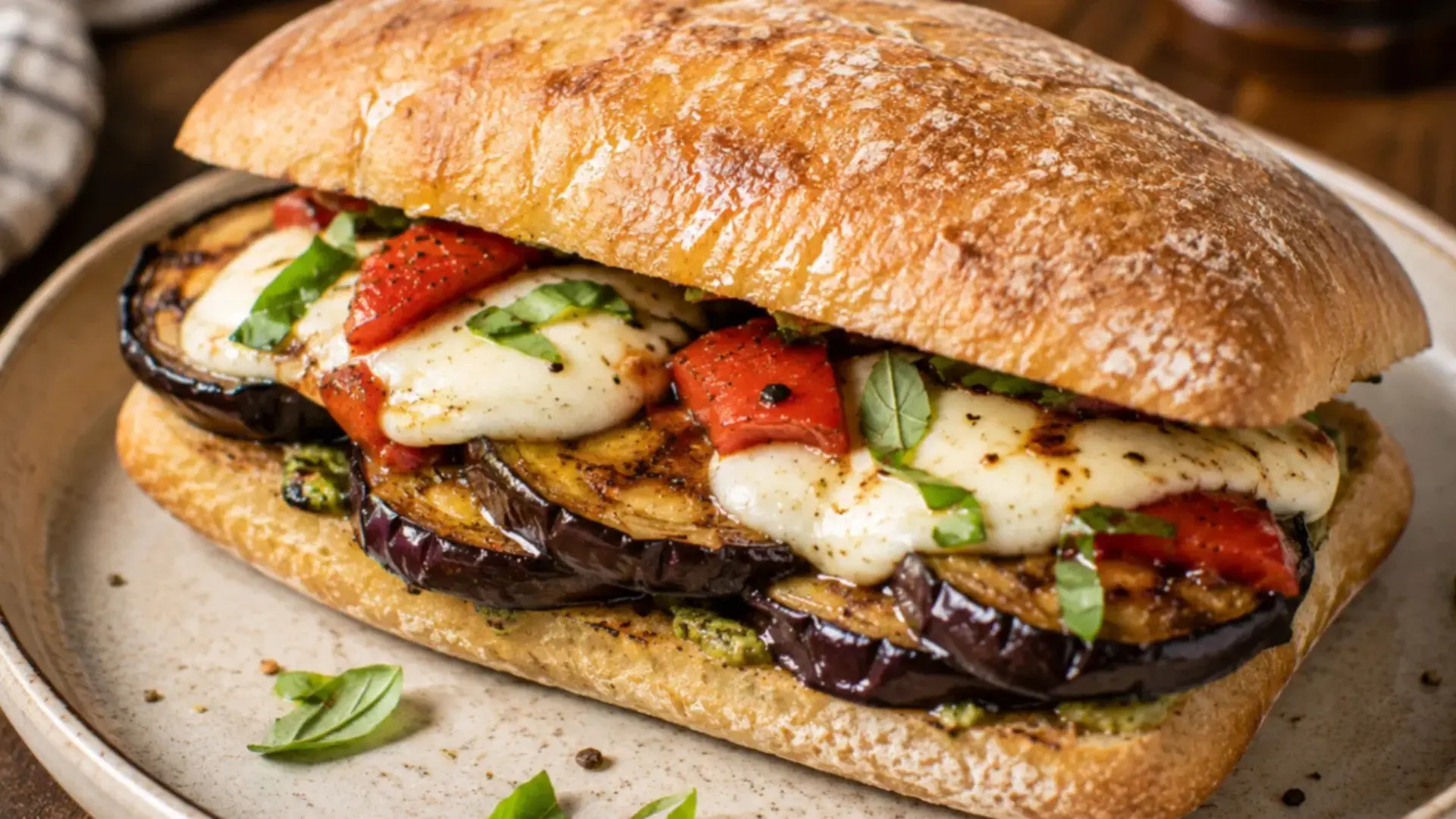 eggplant and mozzarella sandwich recipe made with grilled summer veggies and fresh basil for lunch
