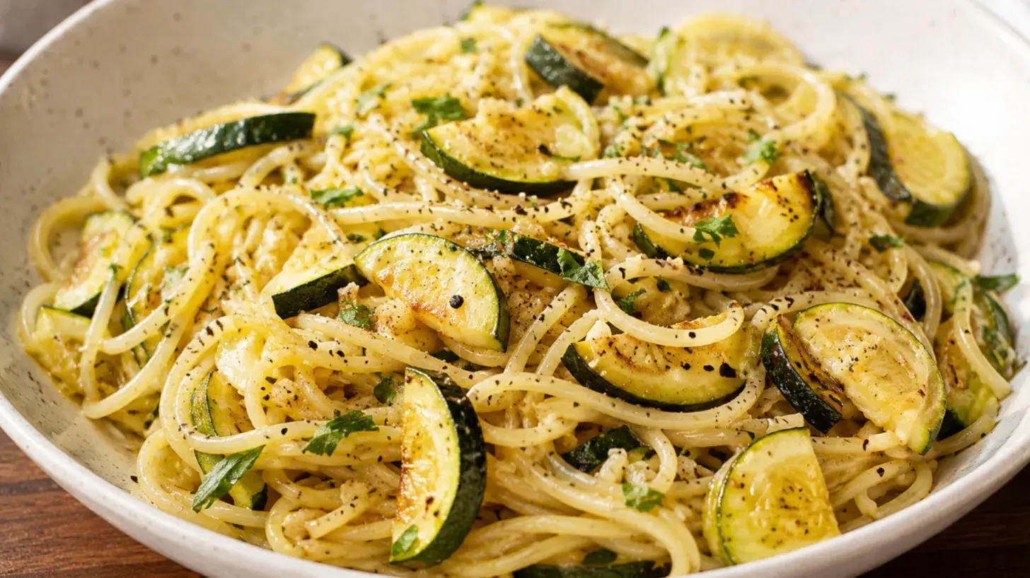 garlic butter zucchini pasta recipe made with summer veggies for a quick and easy weeknight dinner
