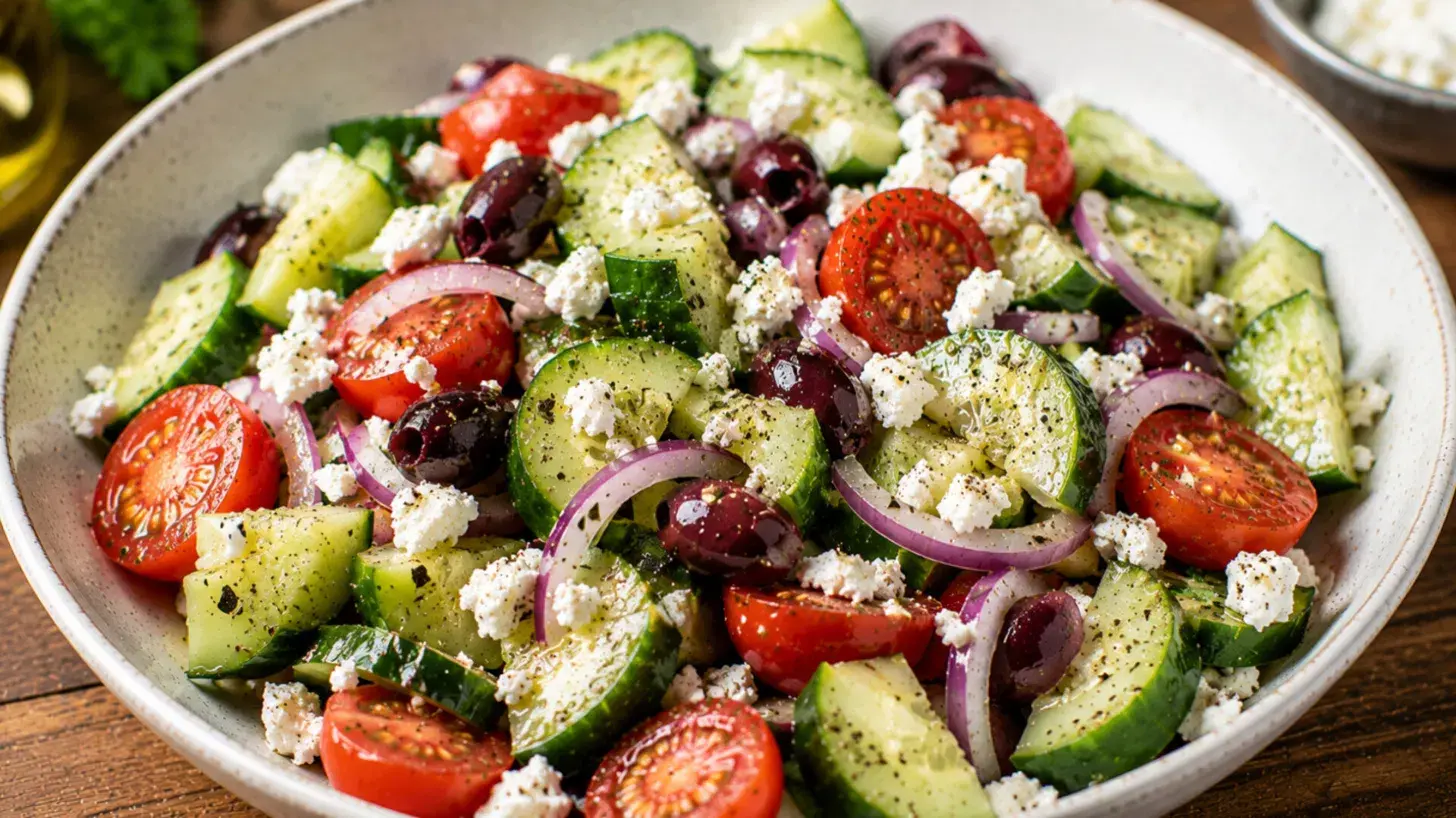 greek cucumber salad recipe made with summer veggies feta and olives for a light refreshing side