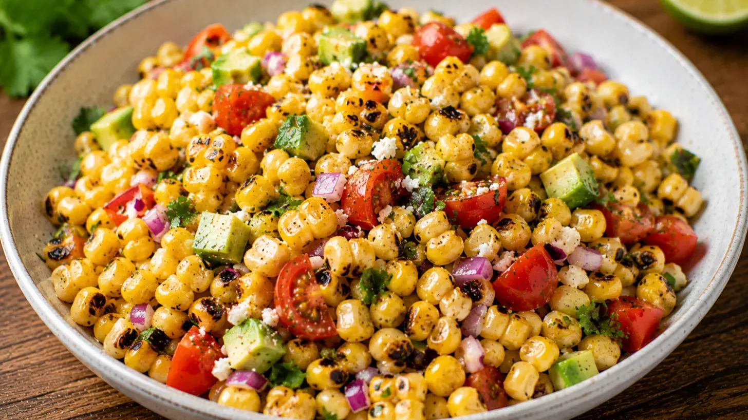grilled corn salad recipe made with summer veggies like tomato avocado and lime for a fresh side dish