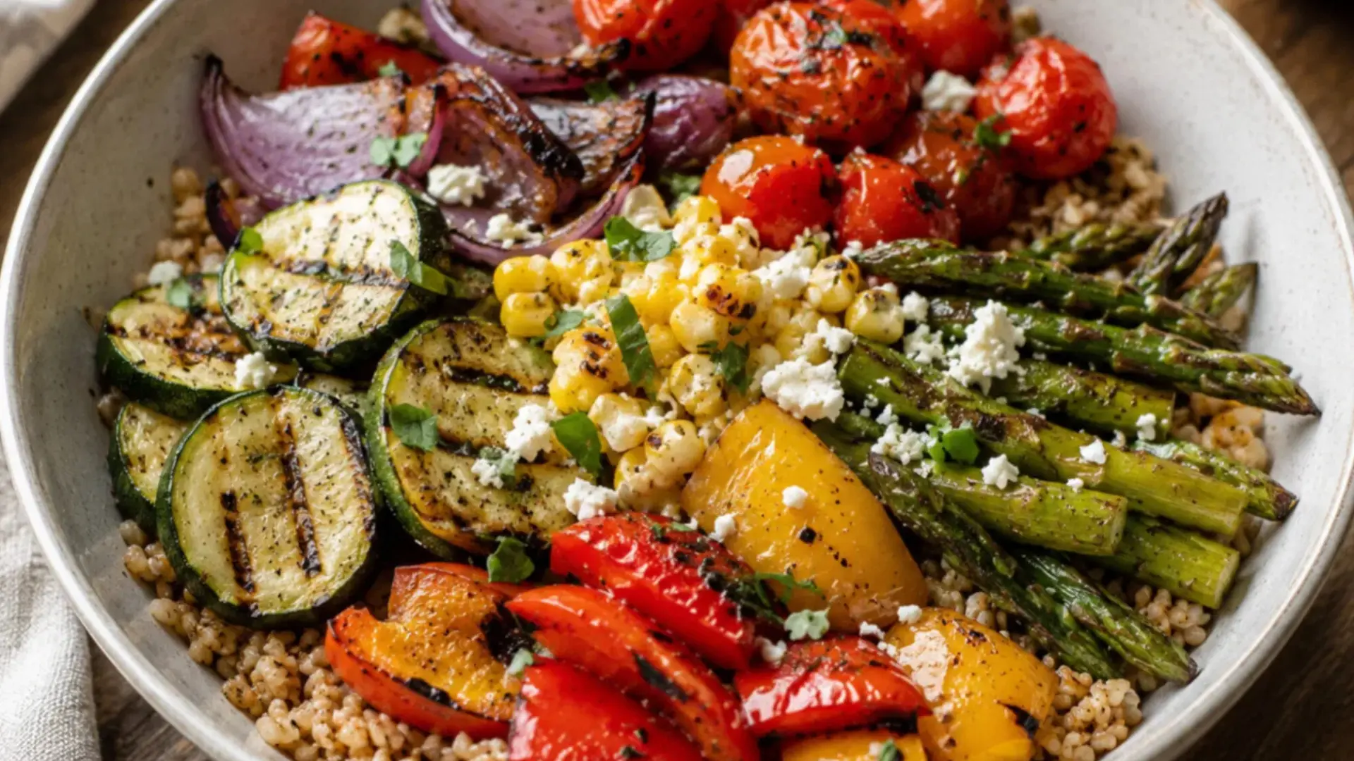 grilled vegetable grain bowl recipe with summer veggies feta and grains for a healthy filling lunch