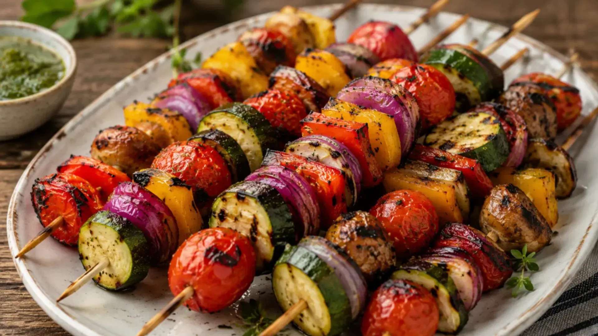 grilled vegetable skewers made with summer veggies like zucchini tomato and bell pepper for easy bbq meals