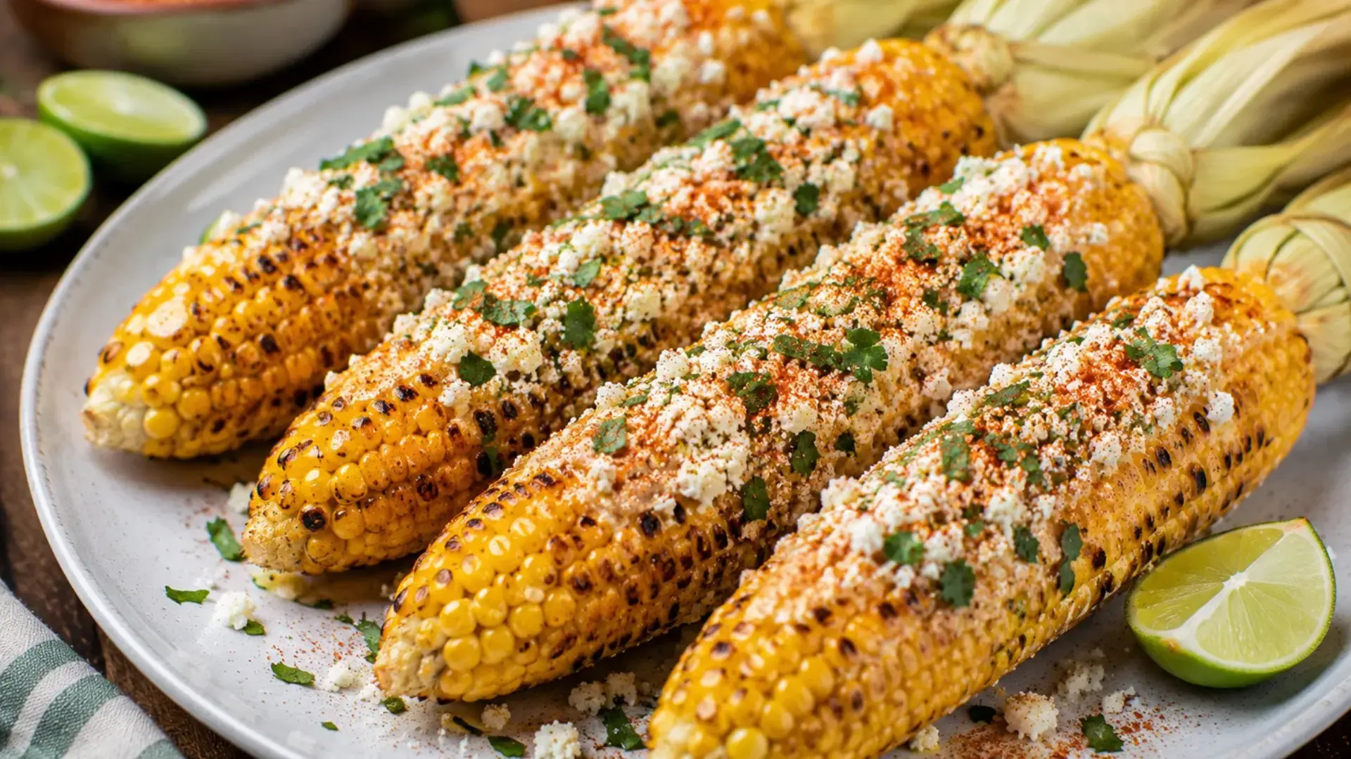 mexican street corn recipe made with grilled summer veggies topped with cotija cheese lime and chili powder