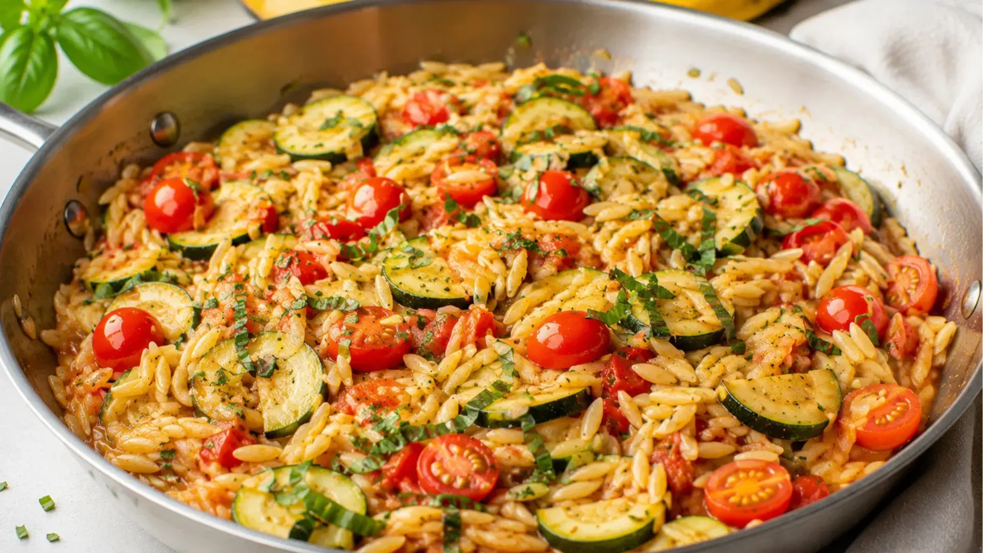 one pan tomato zucchini orzo recipe made with fresh summer veggies for an easy weeknight dinner