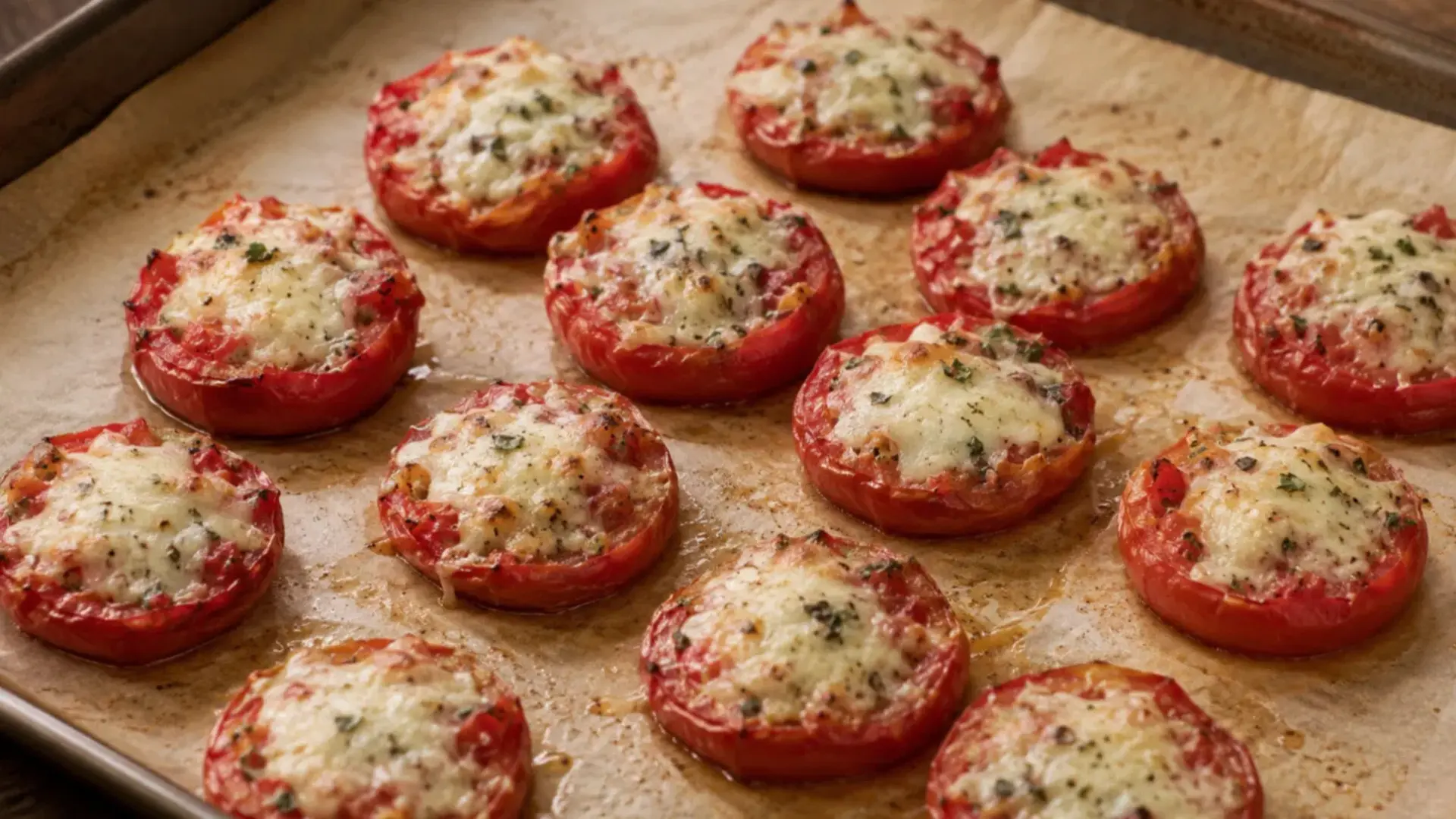parmesan roasted tomatoes recipe using summer veggies topped with cheese for an easy baked side dish