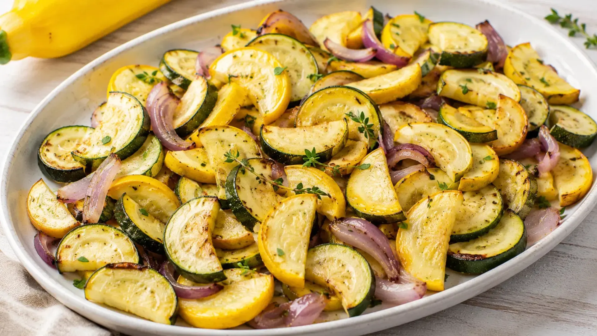 roasted summer squash recipe made with summer veggies and red onion for a simple herb seasoned side