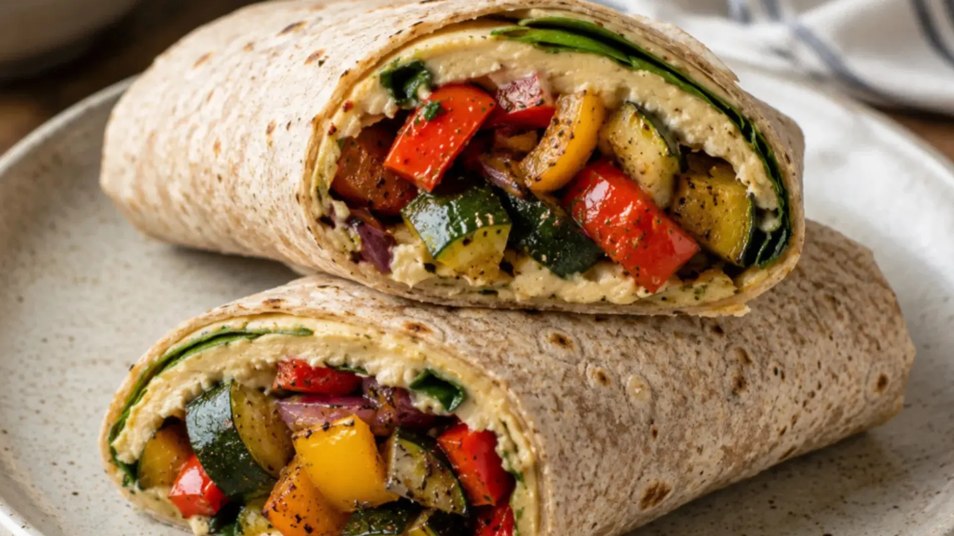 roasted veggie hummus wrap recipe made with summer veggies for a quick and easy plant based lunch