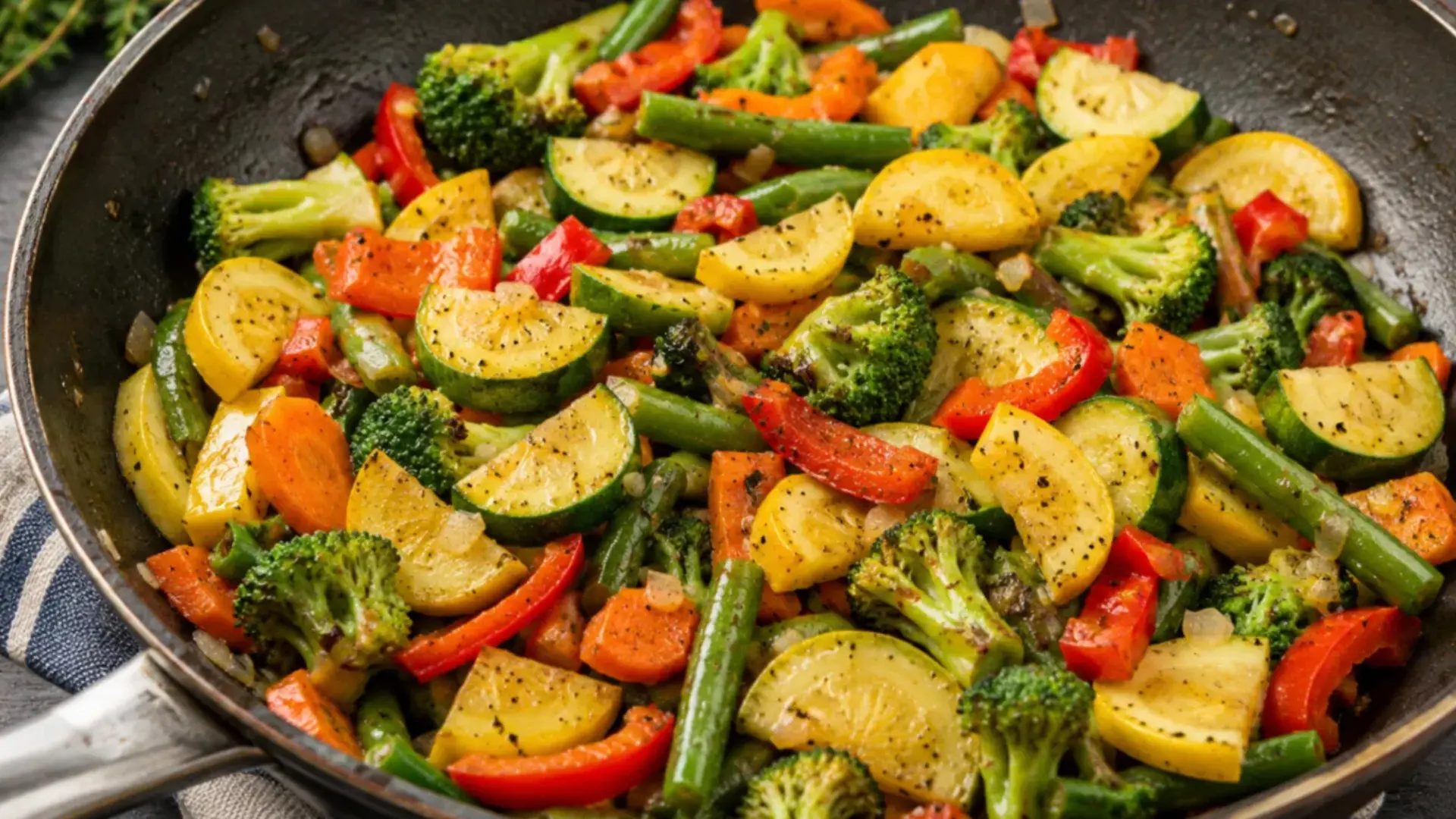 sauteed mixed vegetables recipe made with fresh summer veggies like squash carrot and broccoli in a skillet