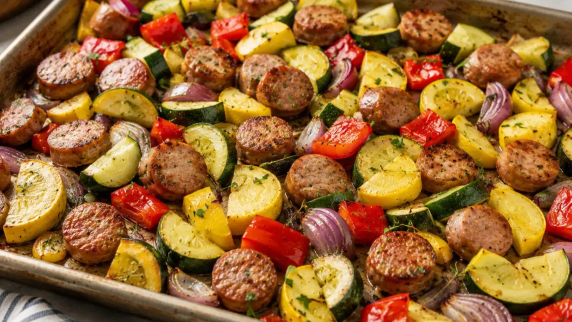 sheet pan sausage and summer veggies recipe with zucchini bell pepper and onion for an easy one pan dinner
