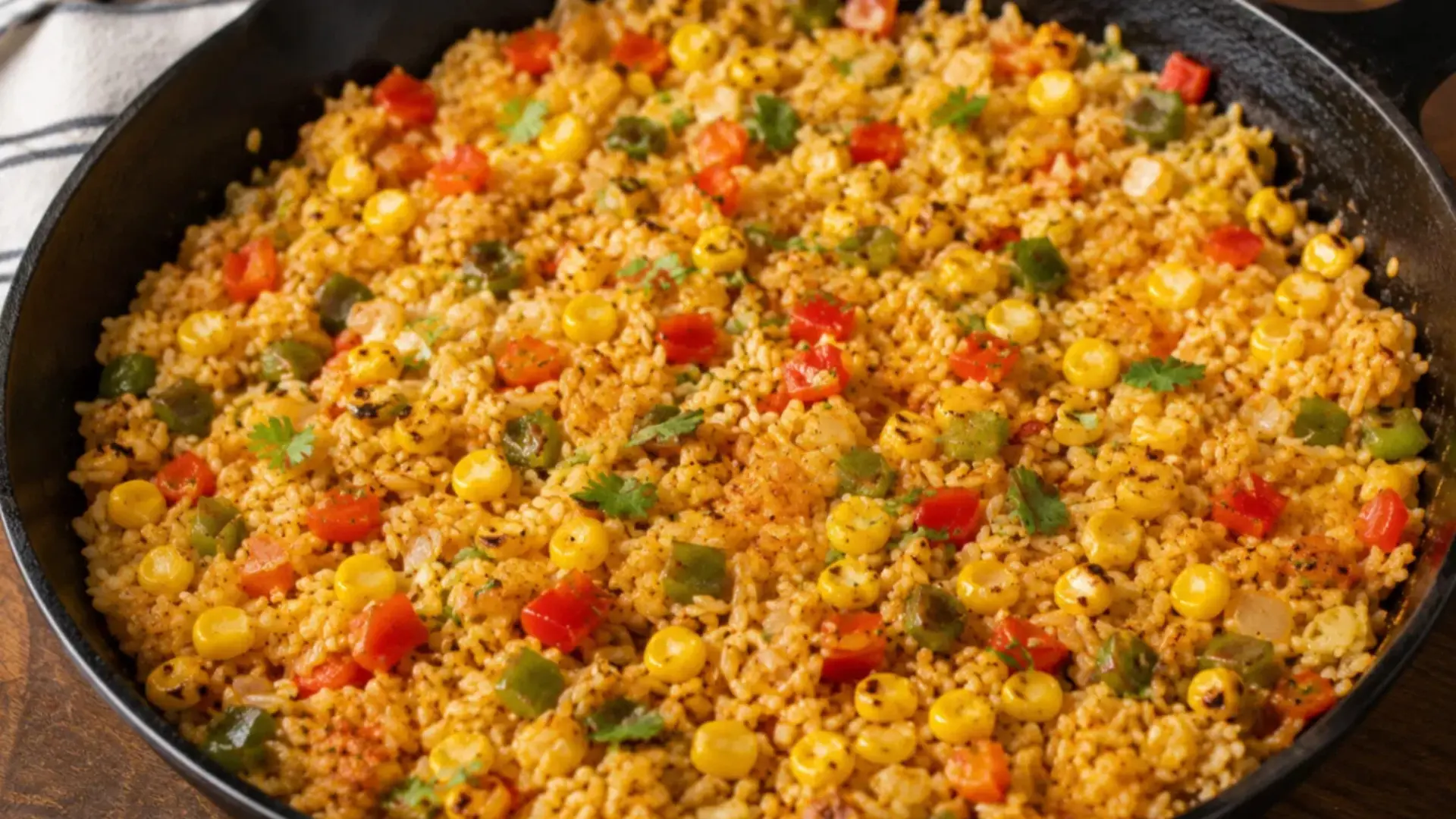 skillet corn and pepper rice recipe made with summer veggies for a simple flavorful side dish