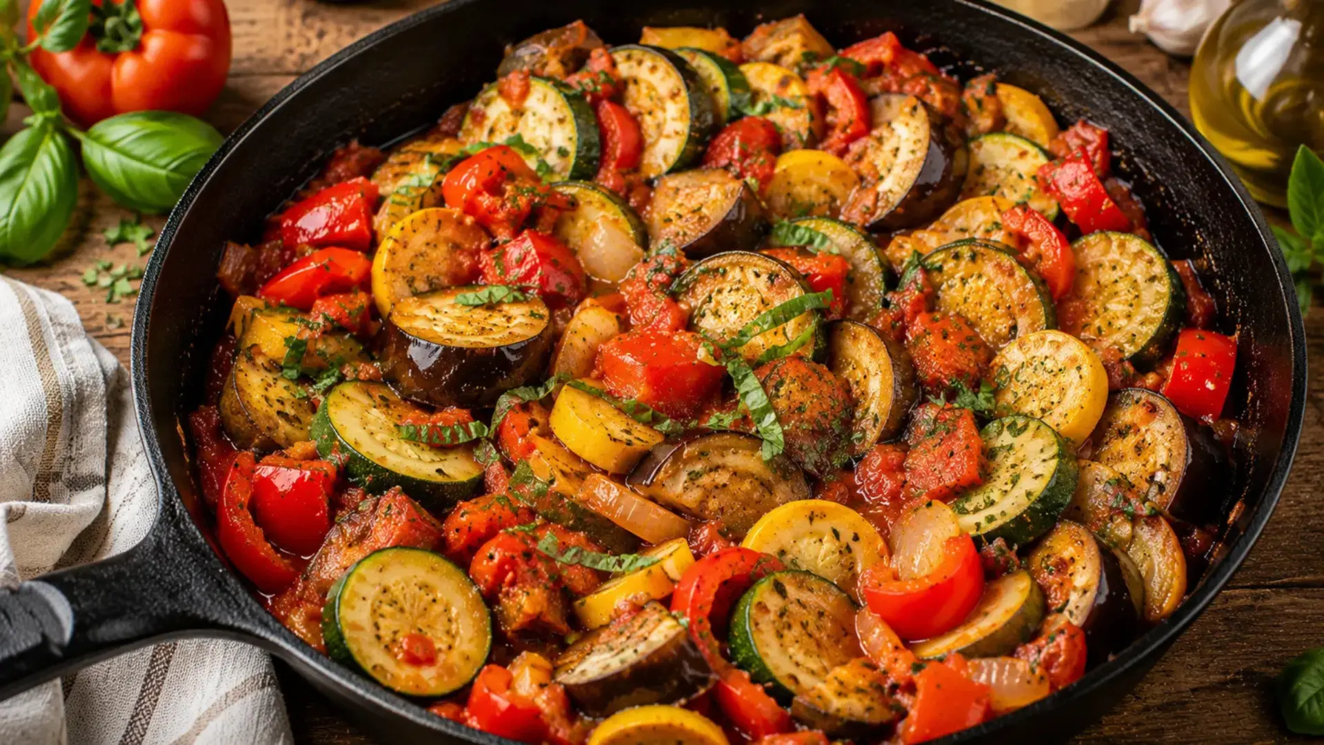skillet ratatouille recipe made with summer veggies like zucchini eggplant and tomato in a rich sauce