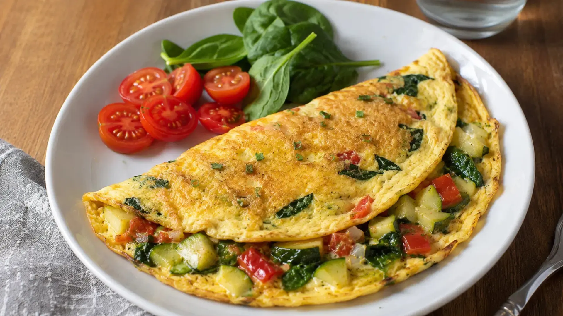 spinach and summer veggie omelet recipe made with zucchini tomato and spinach for a quick breakfast