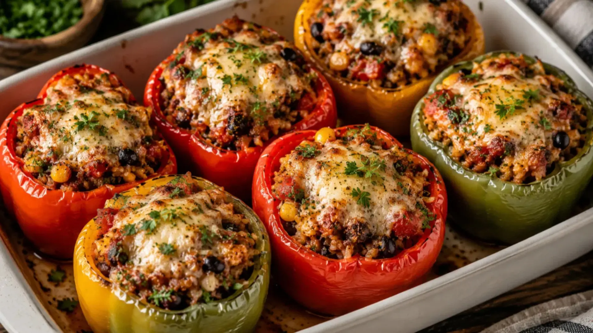 stuffed bell peppers recipe using summer veggies filled with rice cheese and veggies for a hearty dinner