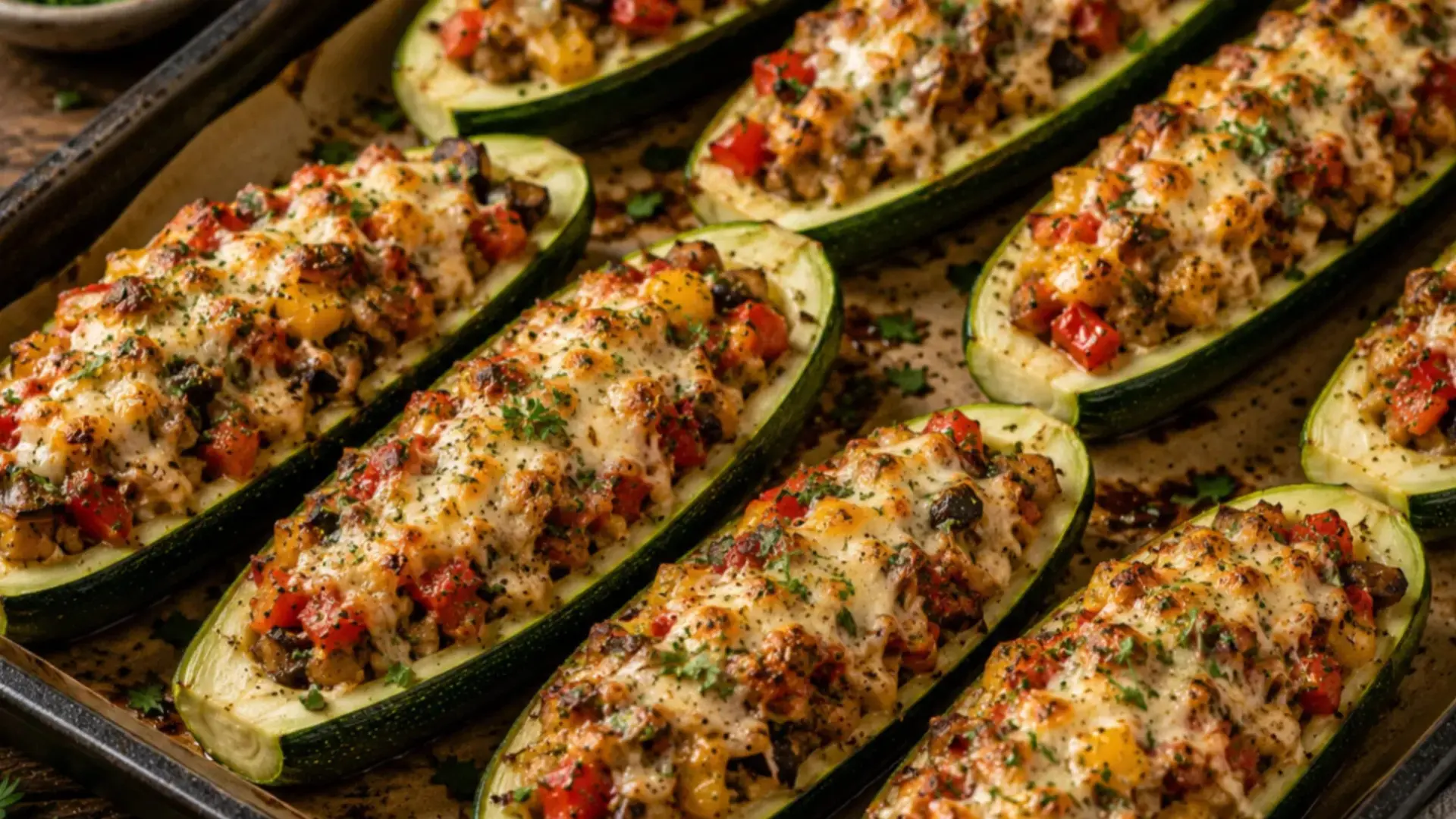 stuffed zucchini boats recipe made with summer veggies and cheese for a low carb dinner idea