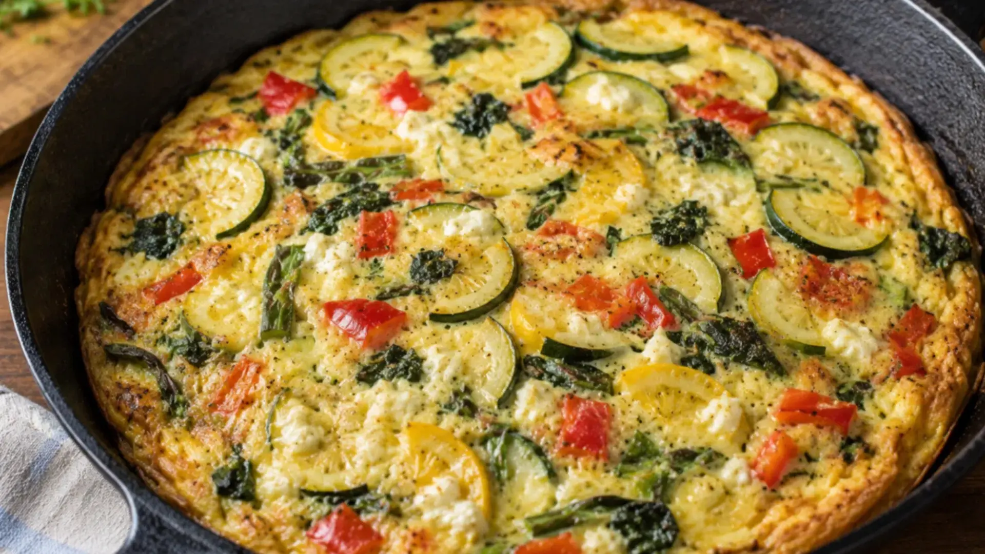 summer vegetable frittata recipe made with summer veggies like zucchini asparagus and bell pepper for breakfast