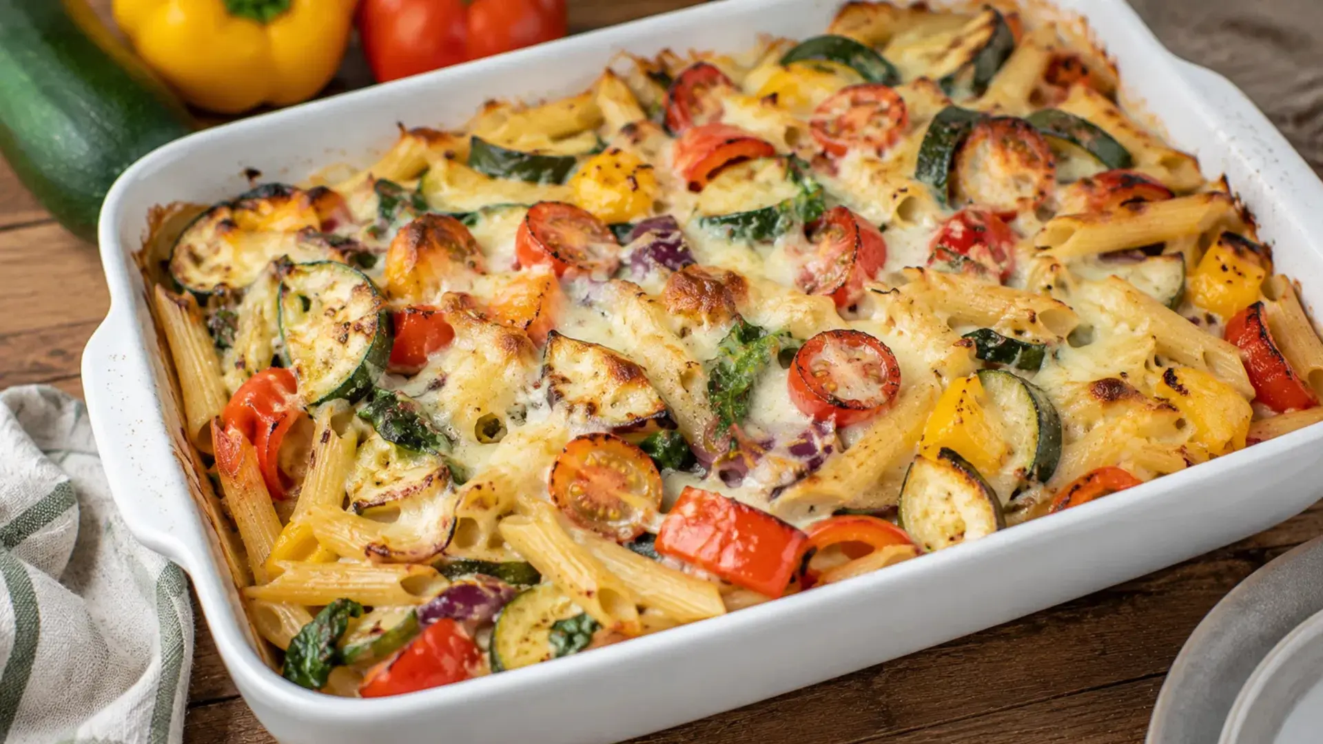 summer vegetable pasta bake recipe with penne zucchini and bell pepper baked in cheesy summer veggies casserole