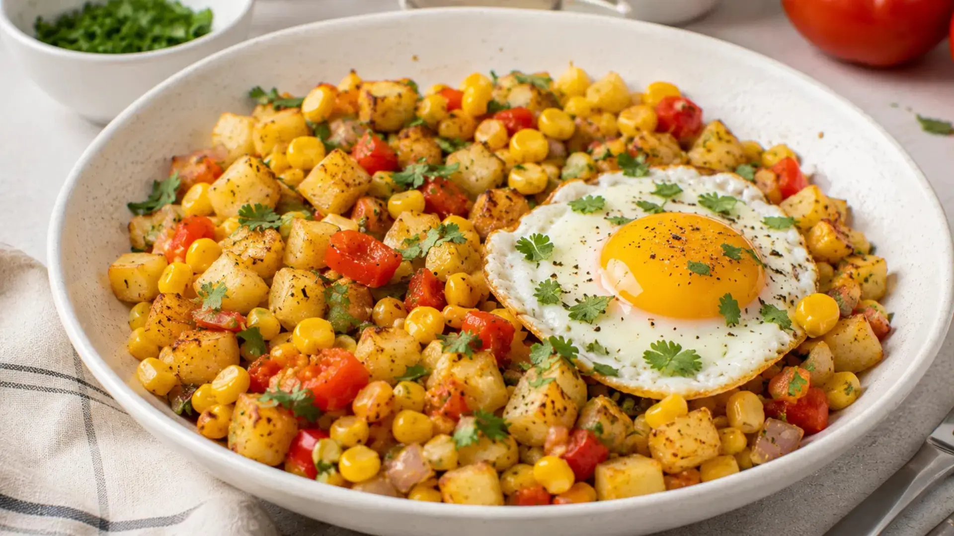 sweetcorn breakfast hash recipe made with summer veggies and a fried egg for a hearty morning meal