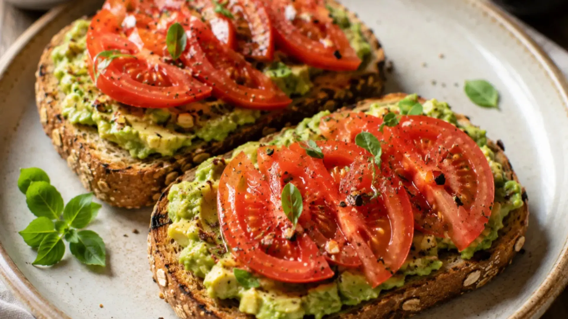 tomato and avocado breakfast toast recipe topped with fresh summer veggies for a quick healthy meal