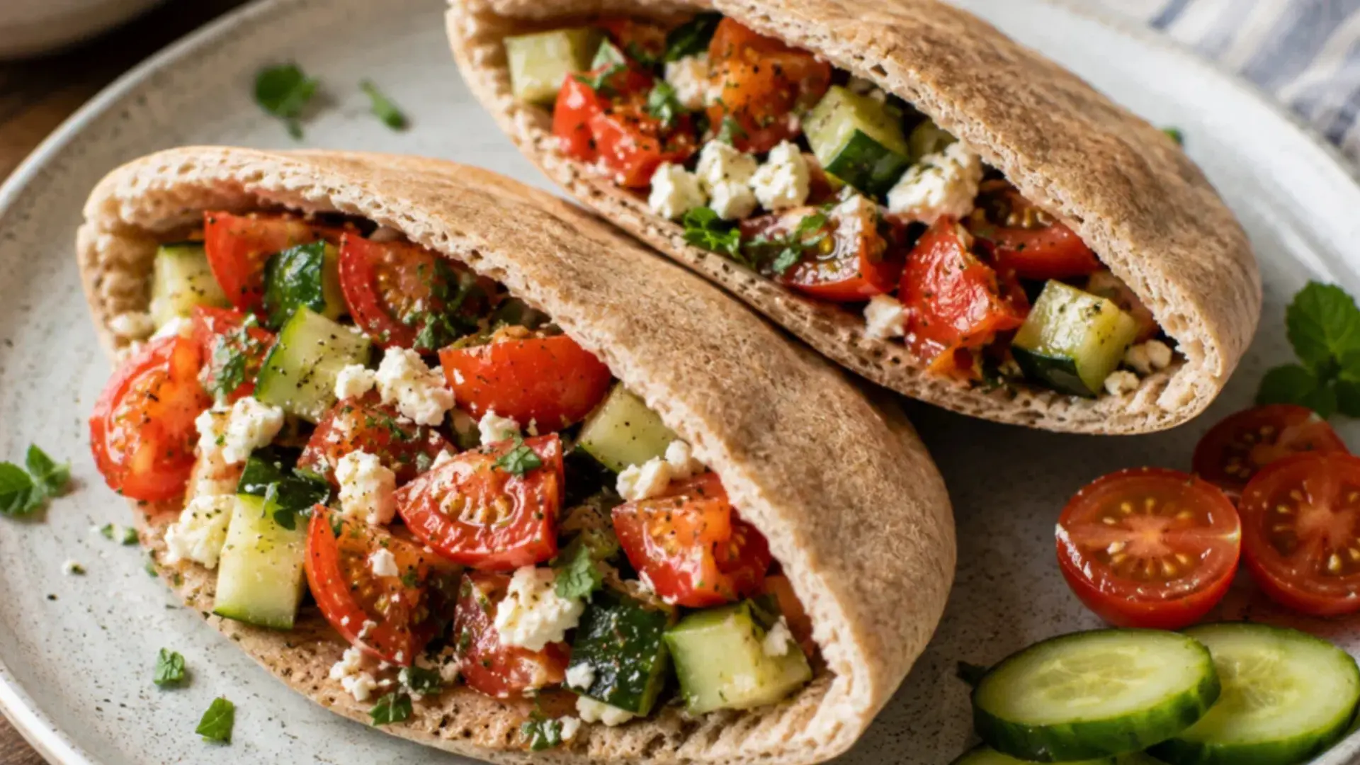 tomato and cucumber pita pockets recipe made with summer veggies and feta for a light no cook lunch