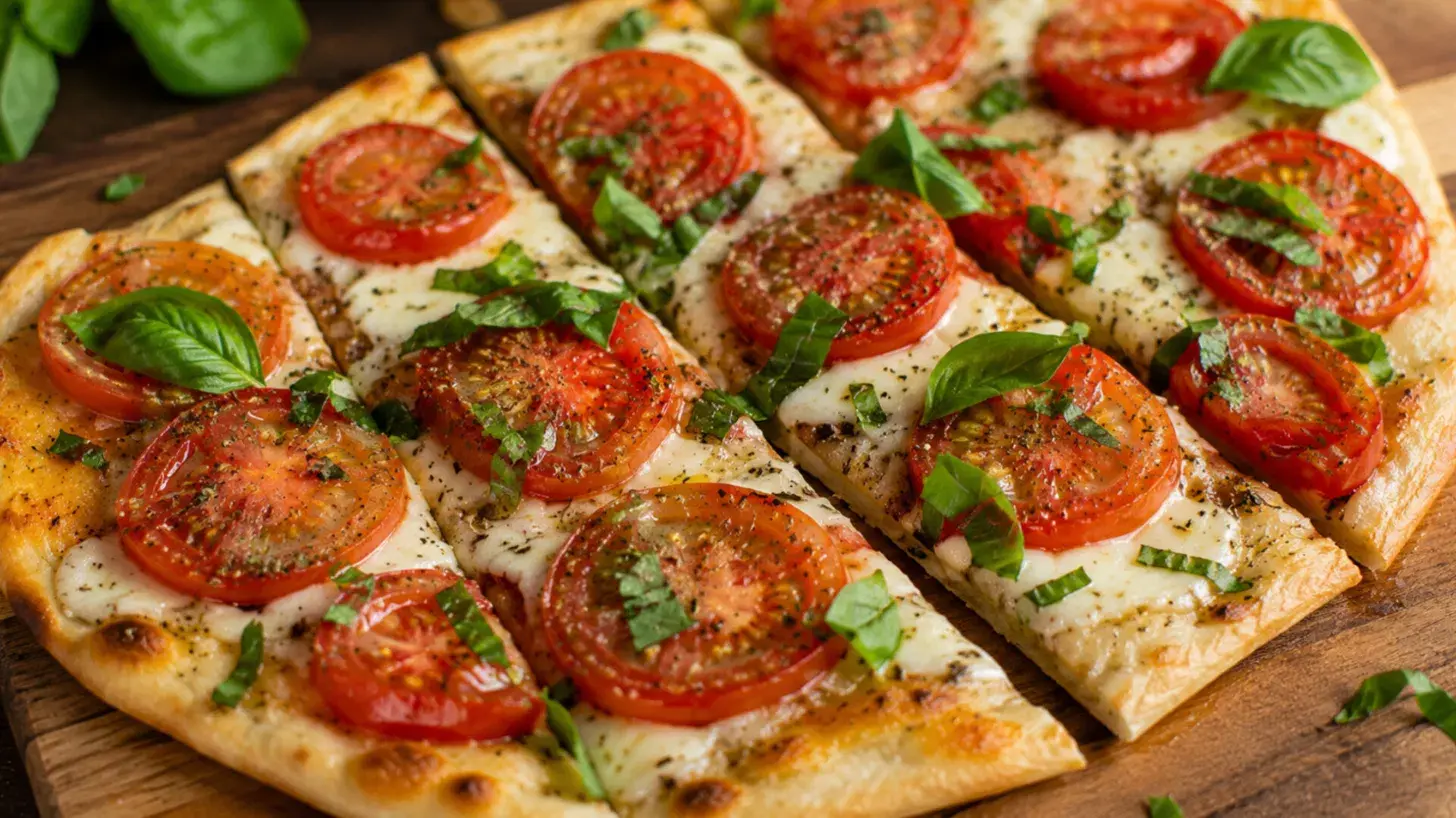 tomato basil flatbread recipe made with fresh summer veggies and mozzarella for an easy appetizer