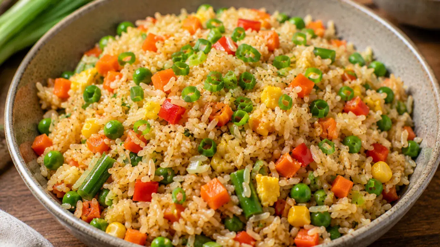 vegetable fried rice recipe made with summer veggies like carrot pea and corn for a quick easy dinner