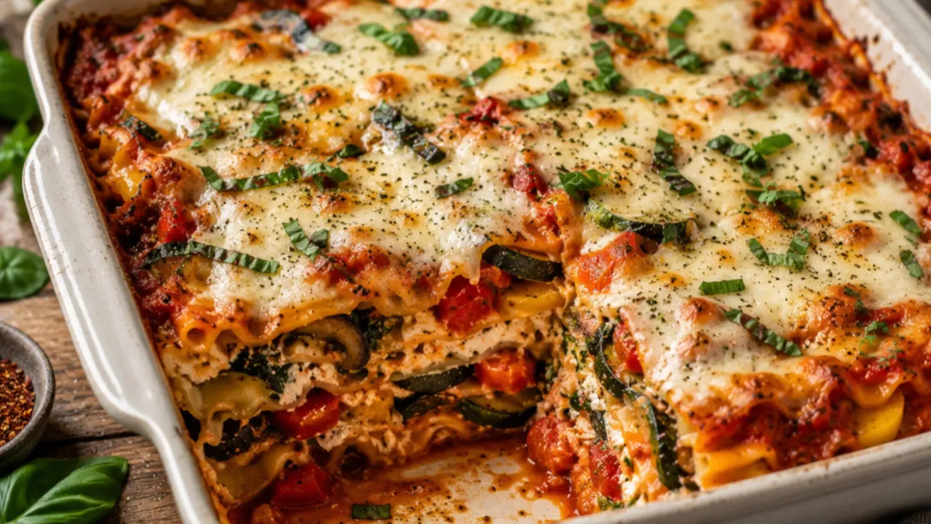 veggie lasagna recipe layered with summer veggies like zucchini and tomato baked in creamy cheese sauce