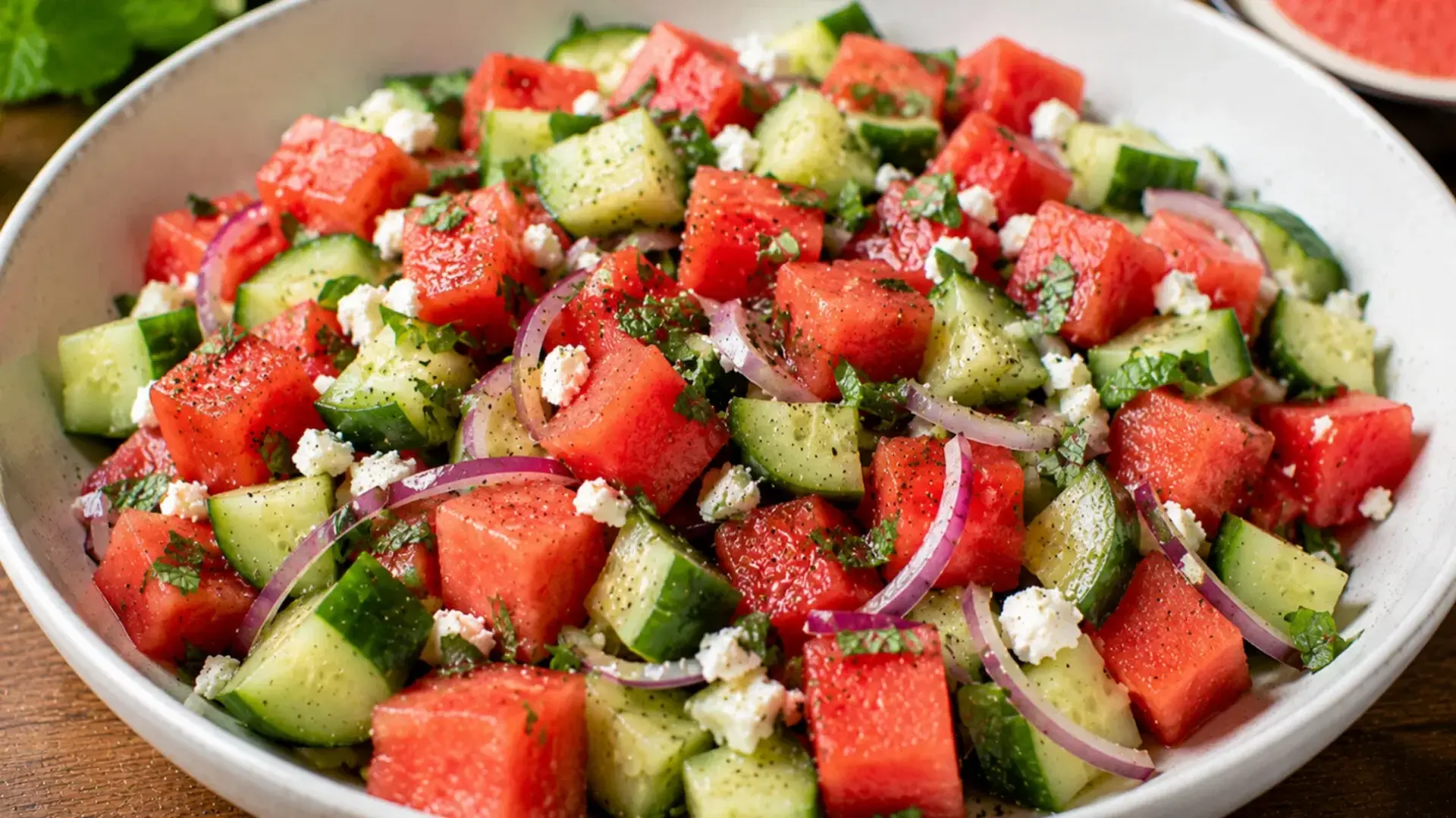 watermelon and cucumber salad recipe made with summer veggies feta and mint for a refreshing side dish