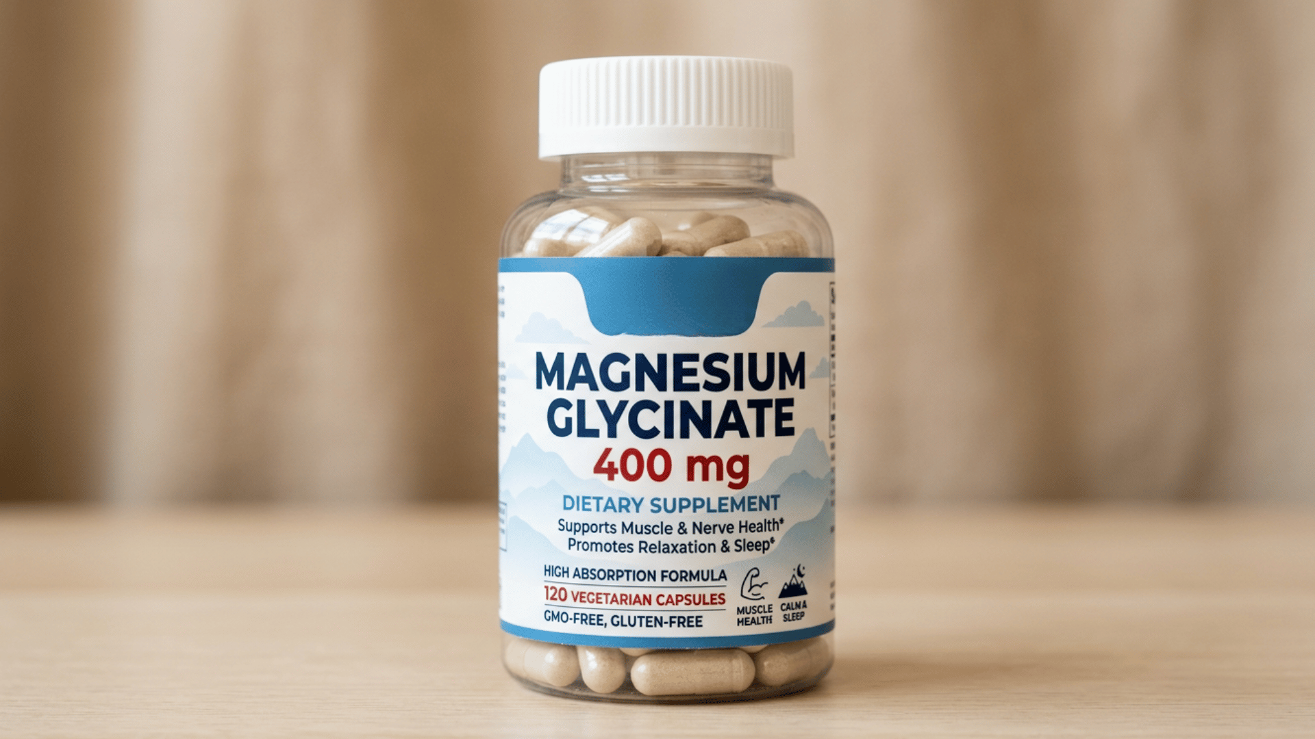 A clear plastic bottle of Magnesium Glycinate 400mg dietary supplement capsules on a light wooden table