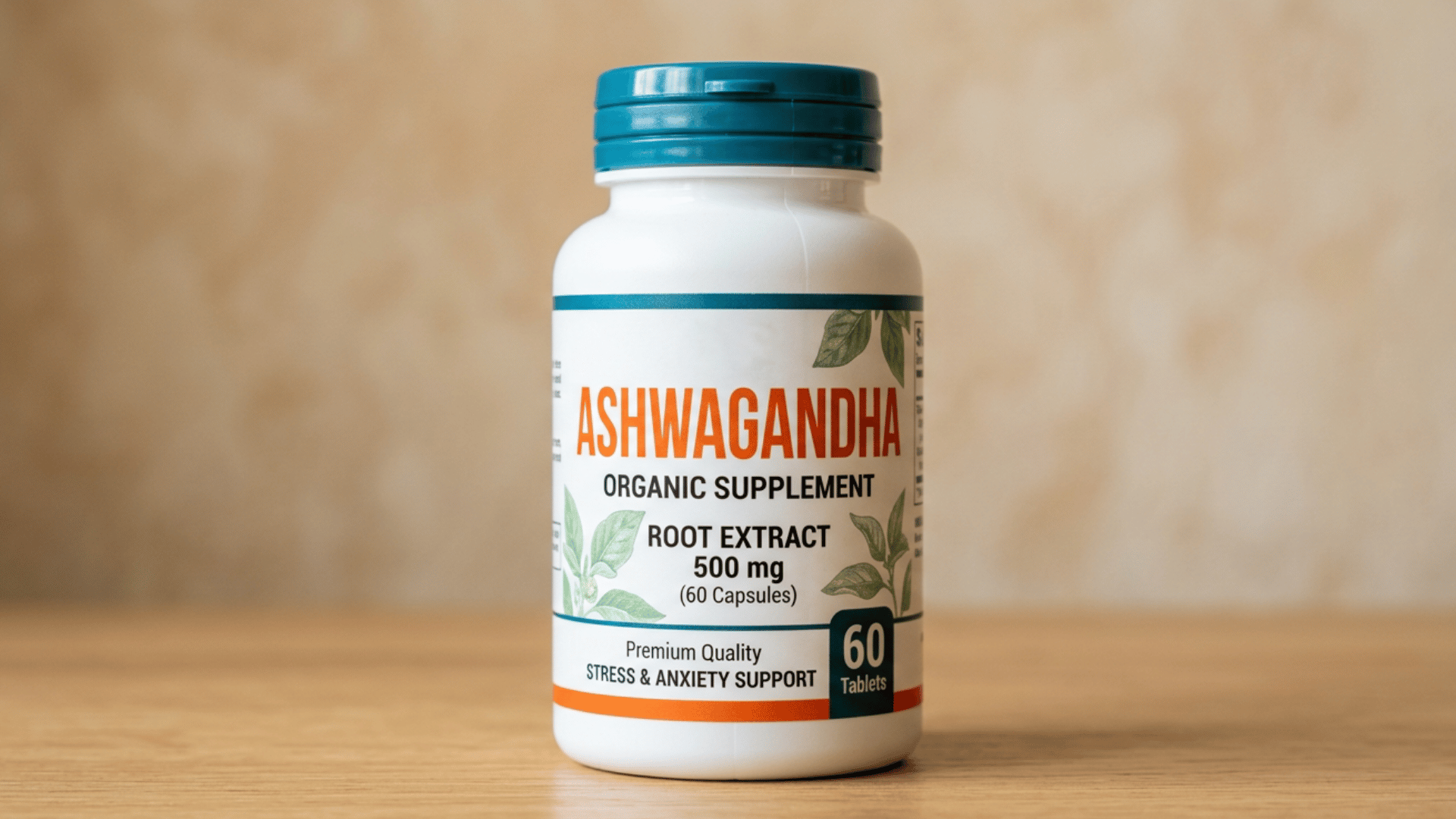 A white bottle of Ashwagandha 500mg organic supplement tablets with a blue cap on a wooden surface