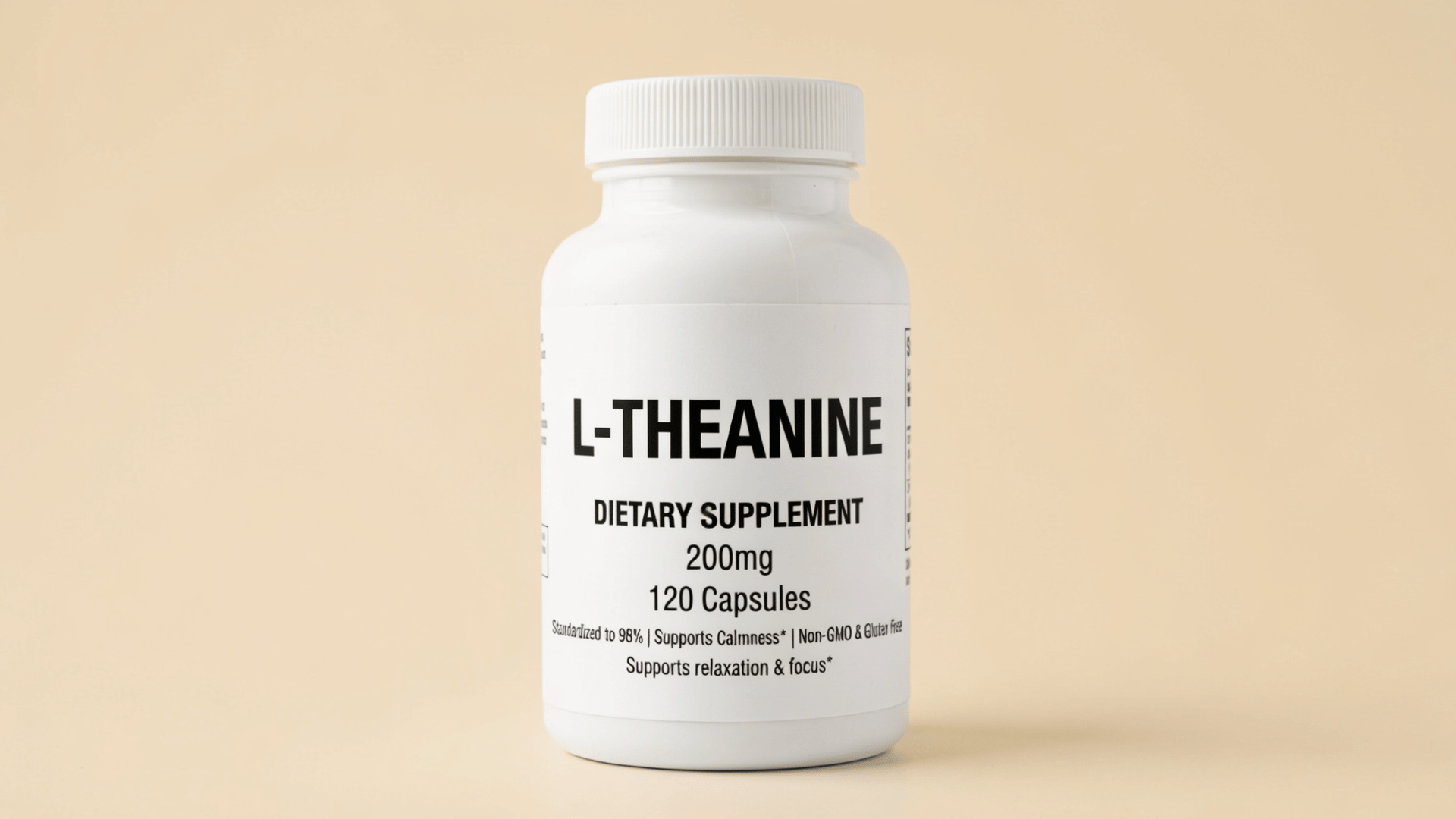 A white bottle of L-Theanine 200mg dietary supplement capsules against a beige background