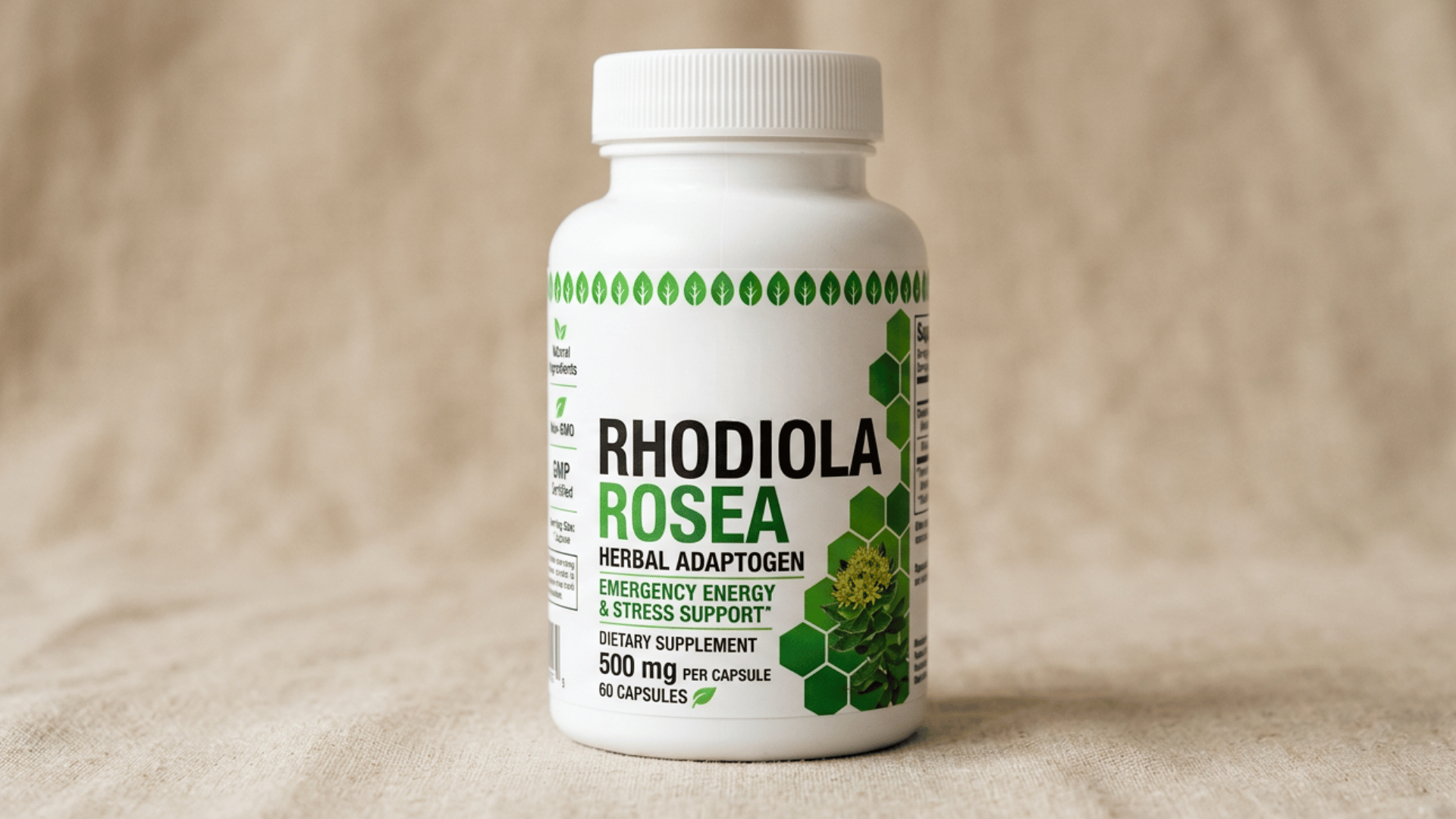 A white dietary supplement bottle of Rhodiola Rosea 500mg capsules on a textured tan fabric background