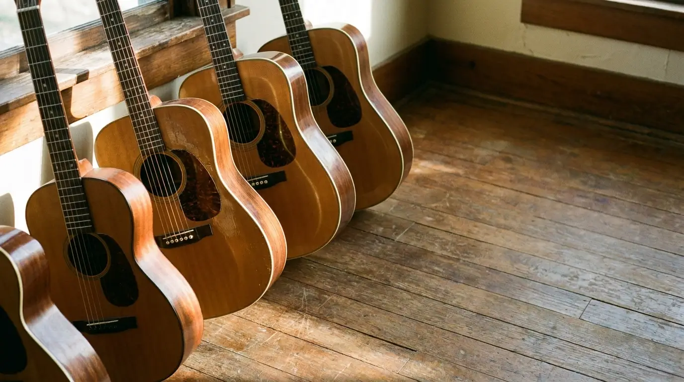 Acoustic guitars lined up against a sunlit wooden floor by a window