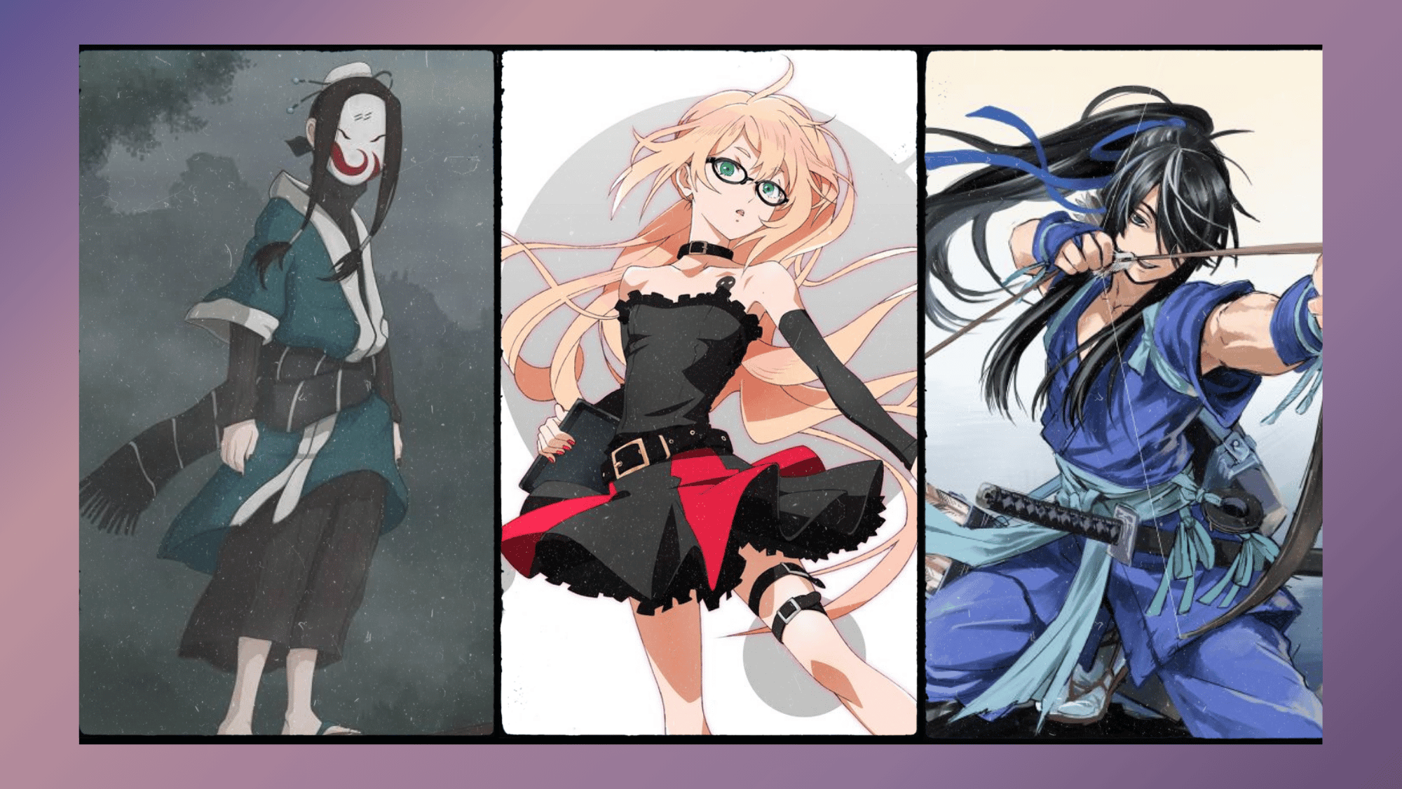 Action <echighlighted>anime femboy</echighlighted> characters including Haku, Rui Ninomiya, and Kazuki in a dynamic character collage.